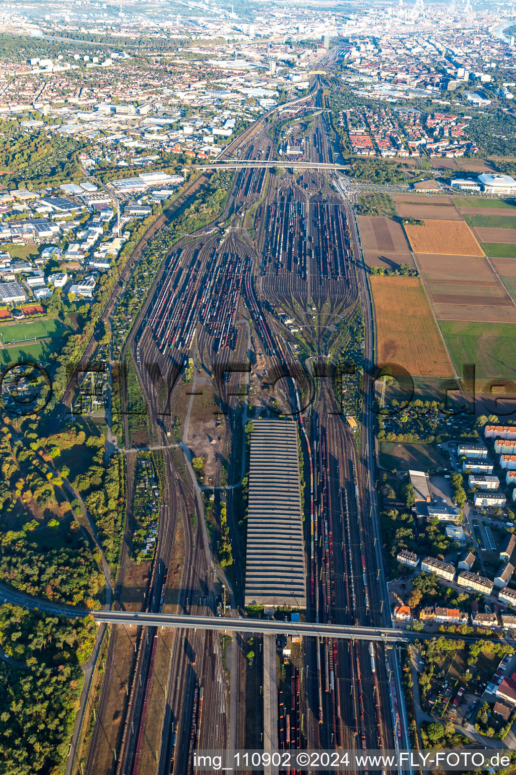 Aerial view of Freight station in the district Rheinau in Mannheim in the state Baden-Wuerttemberg, Germany