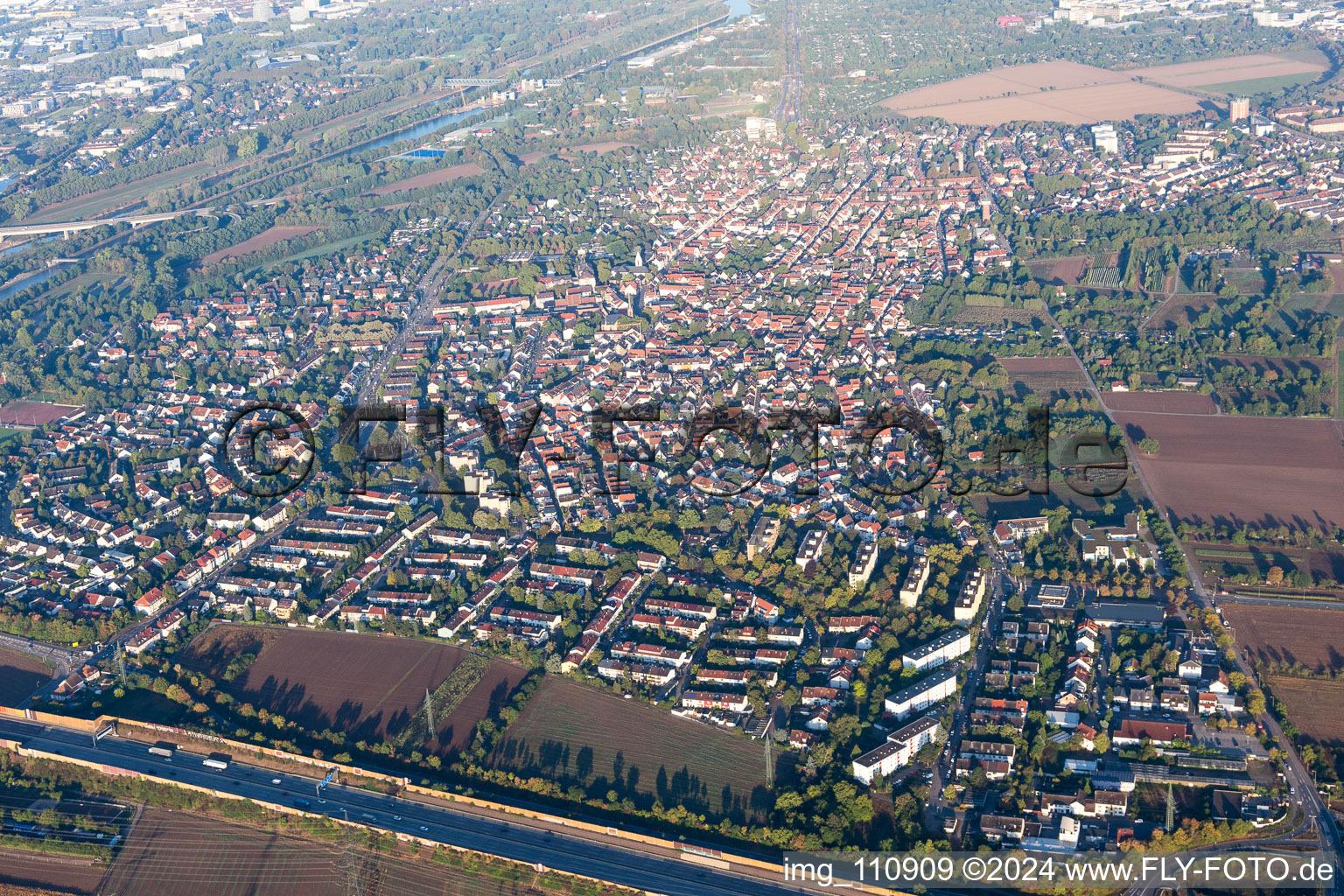 Aerial view of District Feudenheim in Mannheim in the state Baden-Wuerttemberg, Germany