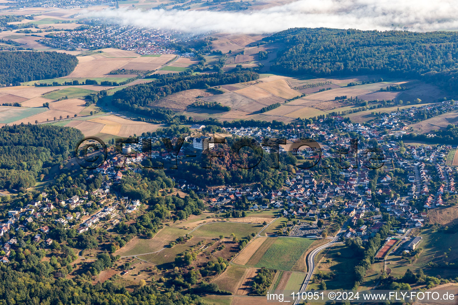 Oblique view of Lichtenberg Castle in the district Niedernhausen in Fischbachtal in the state Hesse, Germany