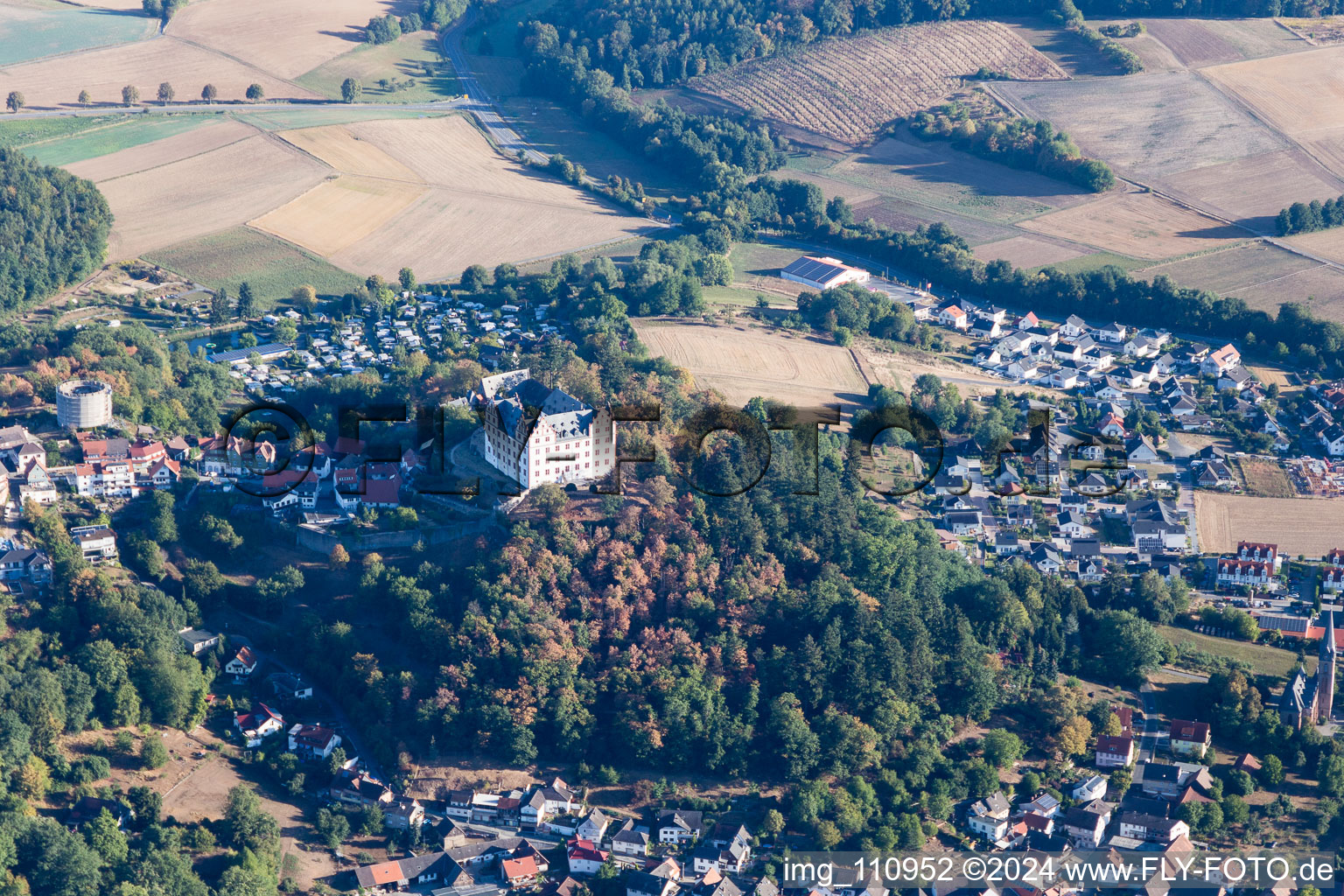 Lichtenberg Castle in the district Niedernhausen in Fischbachtal in the state Hesse, Germany from above