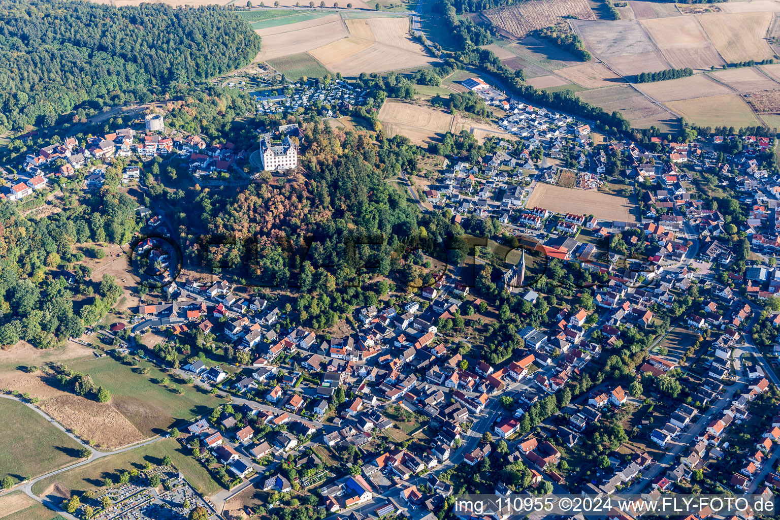 Lichtenberg Castle in the district Niedernhausen in Fischbachtal in the state Hesse, Germany from the plane