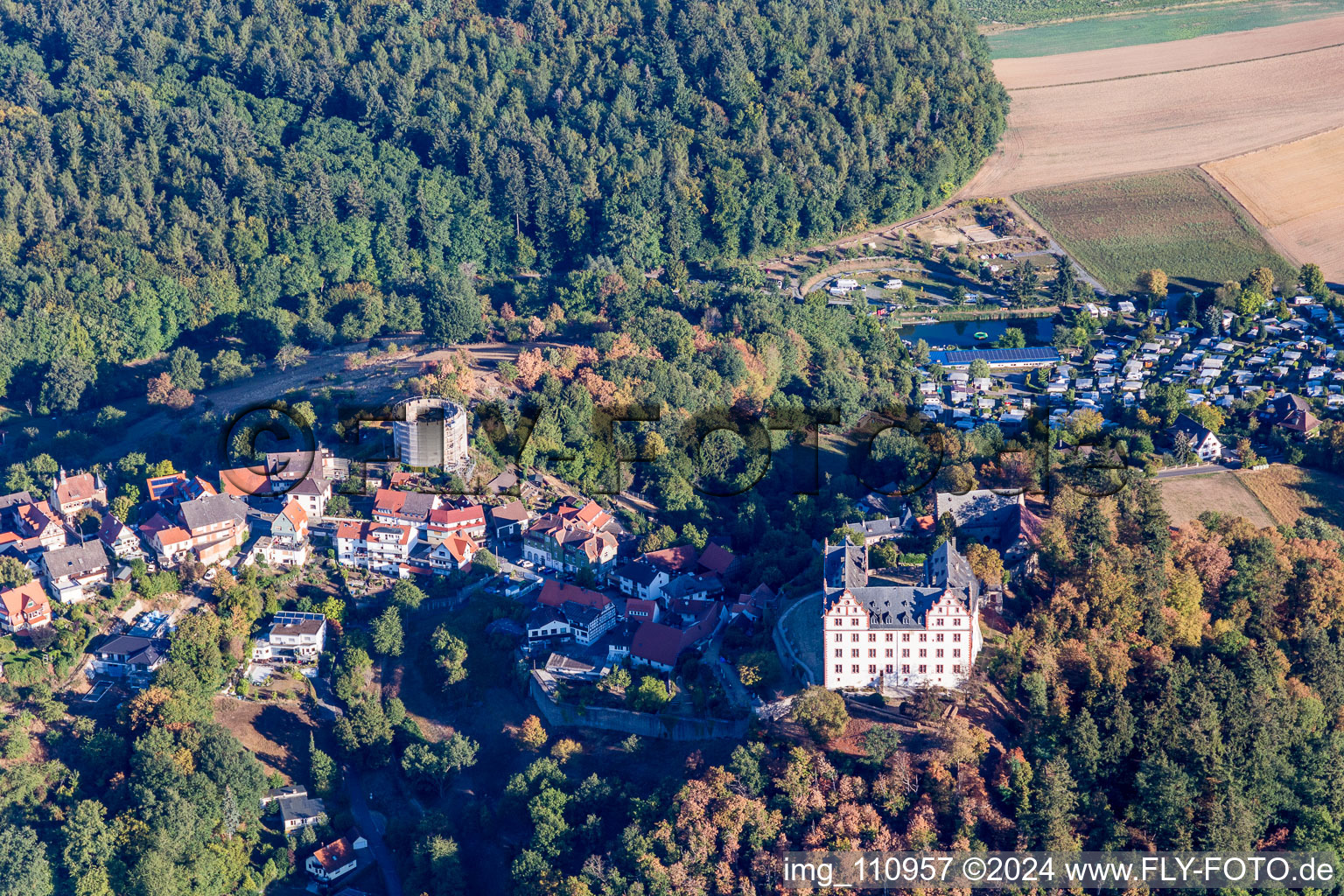 Lichtenberg Castle in the district Niedernhausen in Fischbachtal in the state Hesse, Germany viewn from the air