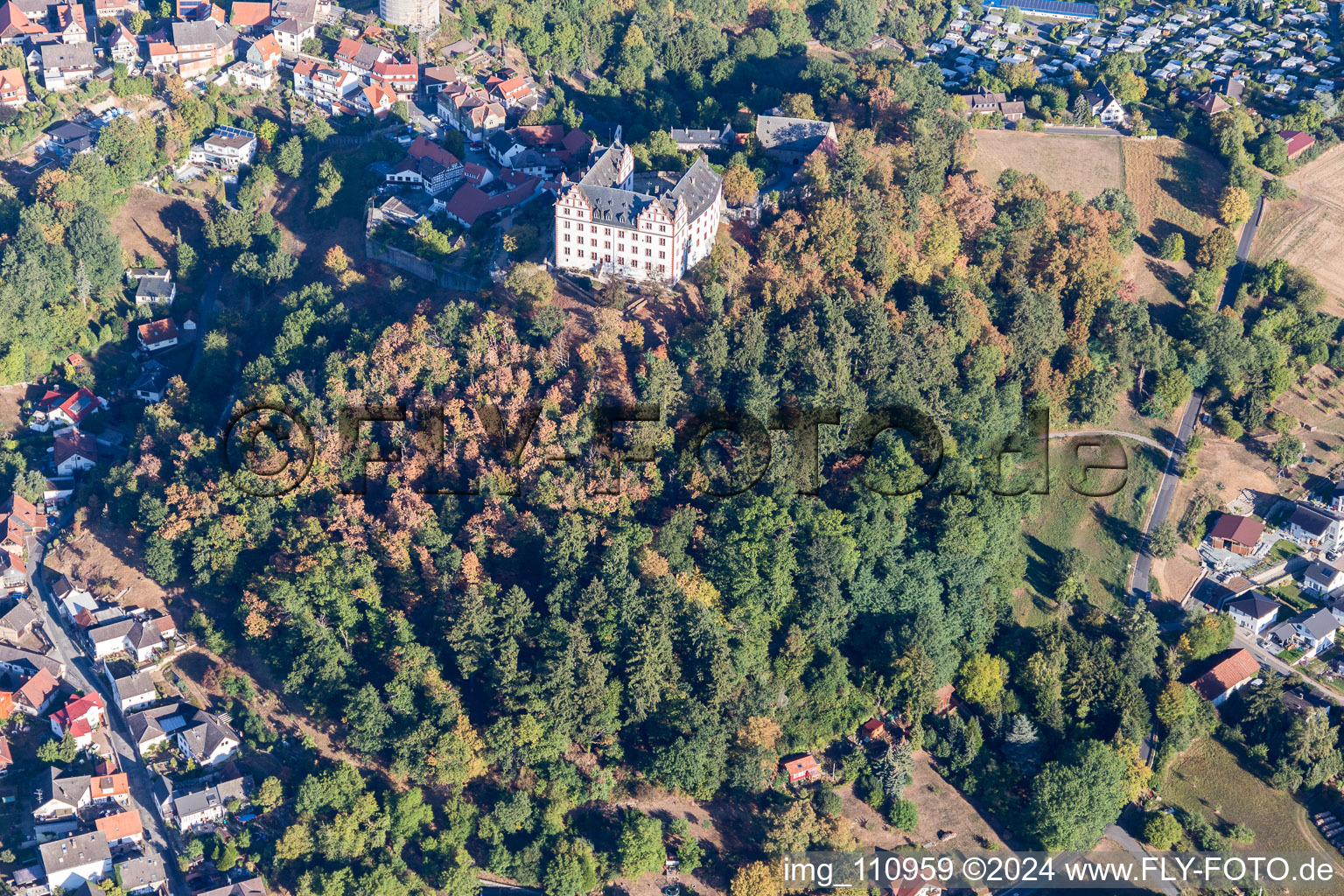 Drone image of Lichtenberg Castle in the district Niedernhausen in Fischbachtal in the state Hesse, Germany