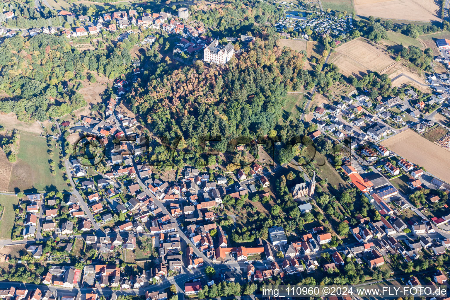 Lichtenberg Castle in the district Niedernhausen in Fischbachtal in the state Hesse, Germany from the drone perspective