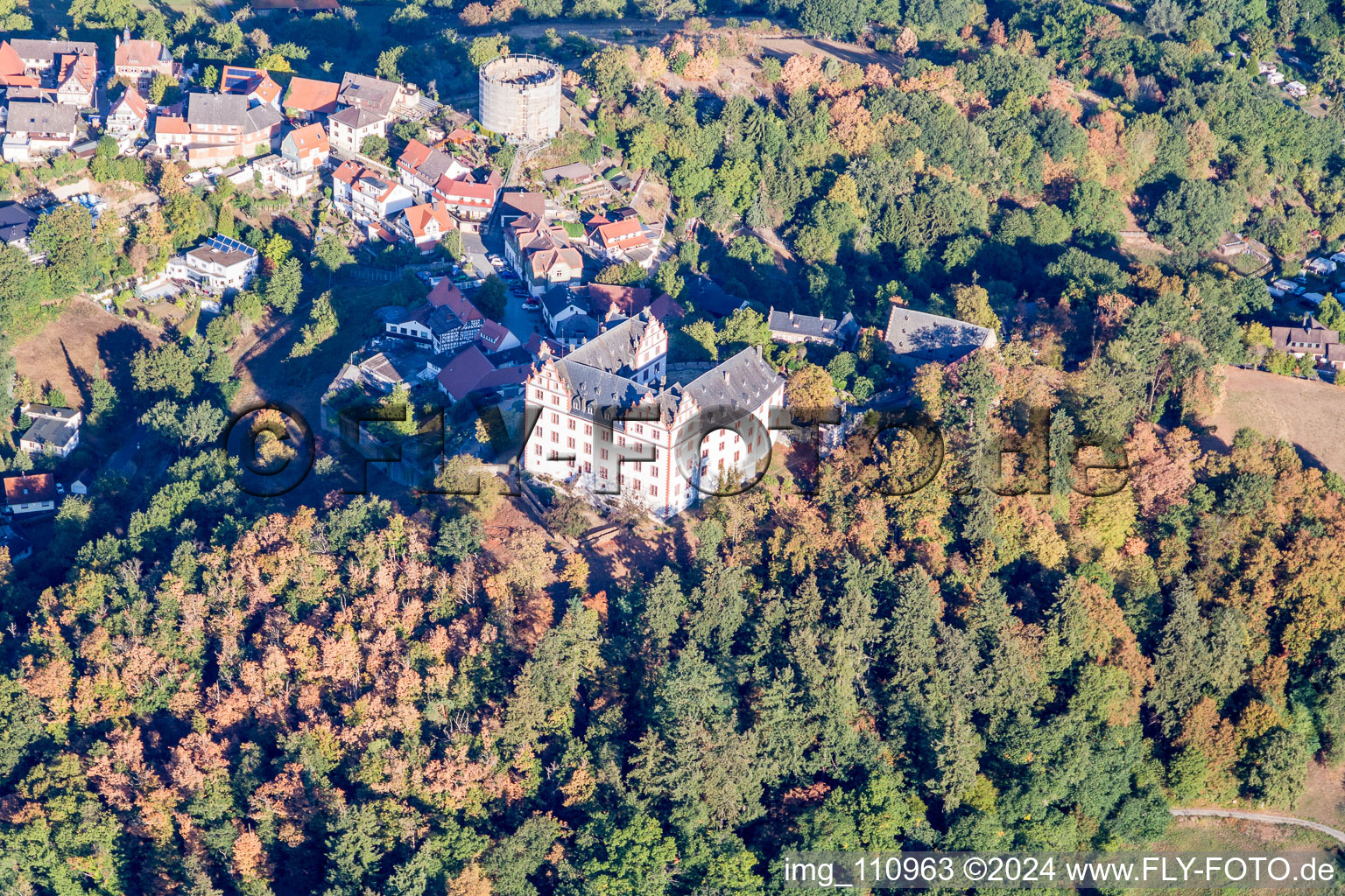 Lichtenberg Castle in the district Niedernhausen in Fischbachtal in the state Hesse, Germany seen from a drone