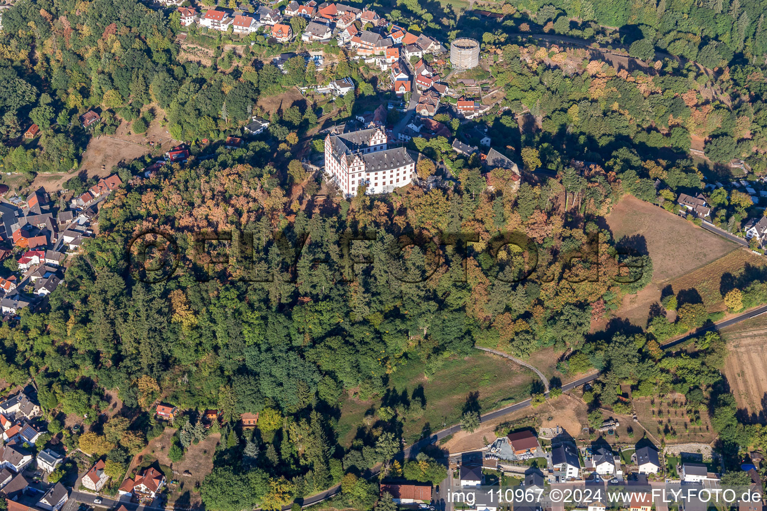 Lichtenberg Castle in the district Niedernhausen in Fischbachtal in the state Hesse, Germany from above