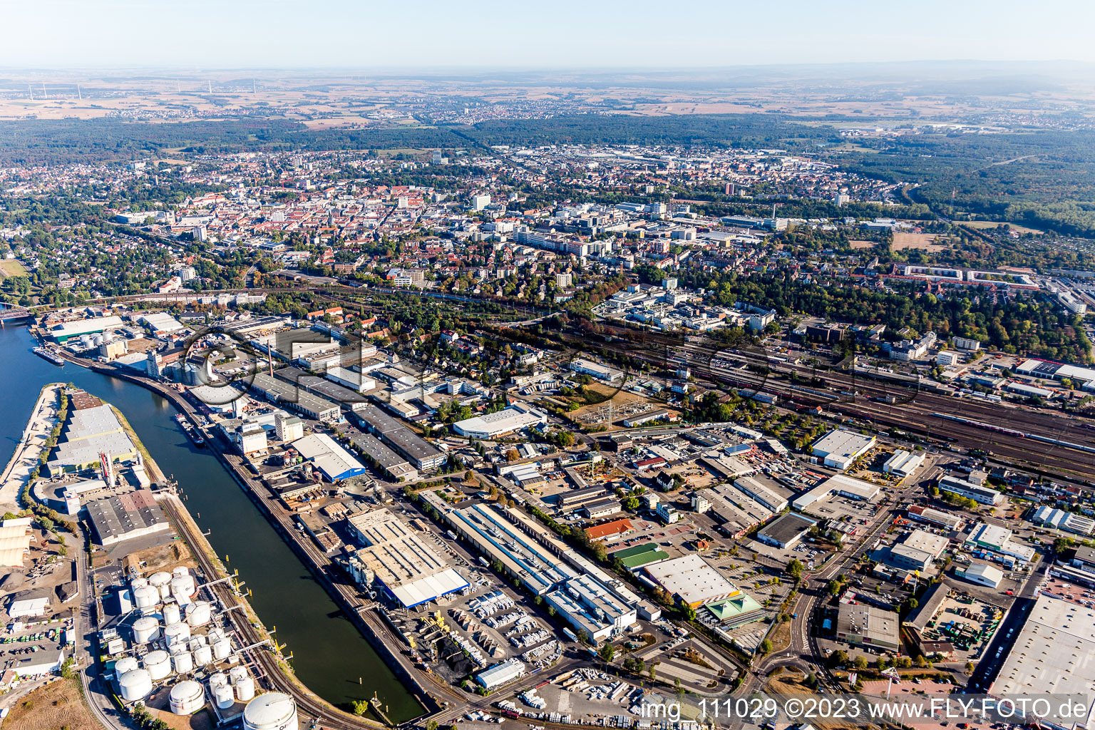 Aerial view of Harbor in Hanau in the state Hesse, Germany