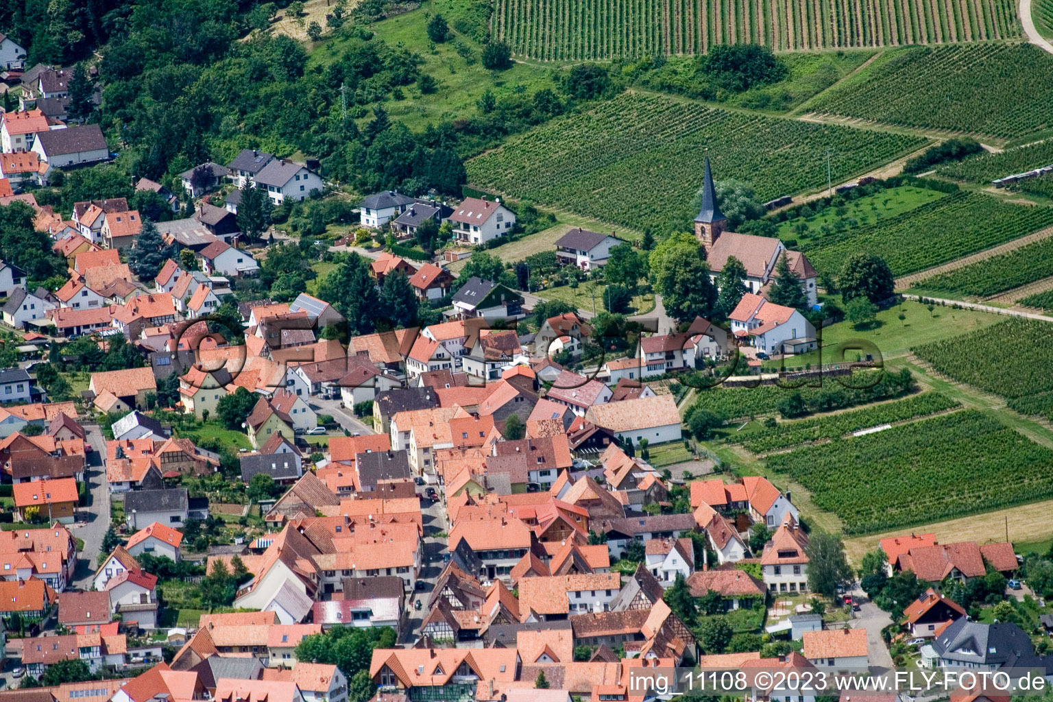 District Rechtenbach in Schweigen-Rechtenbach in the state Rhineland-Palatinate, Germany viewn from the air
