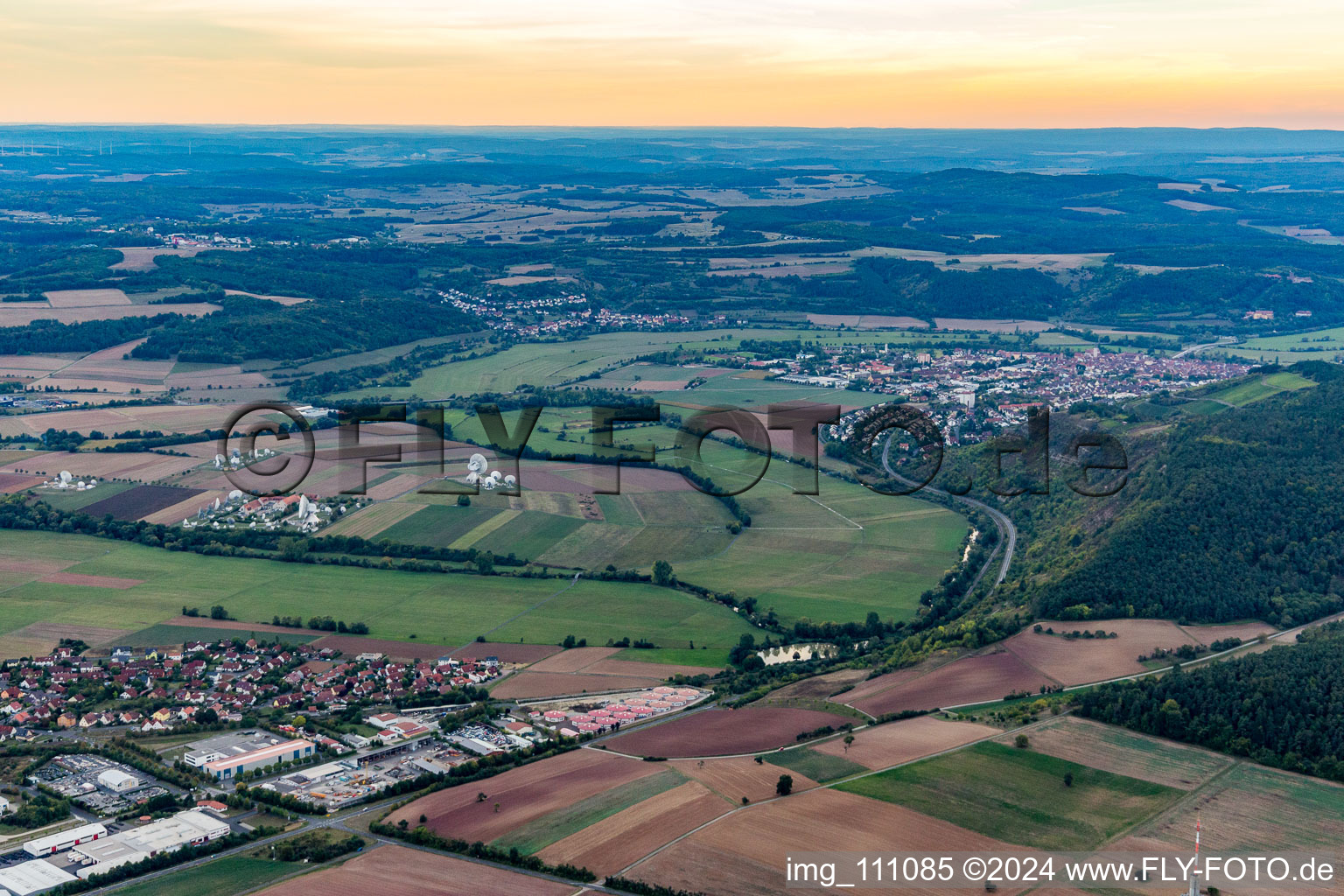 Aerial view of Hammelburg, Intelsat satellite antennas in Fuchsstadt in the state Bavaria, Germany