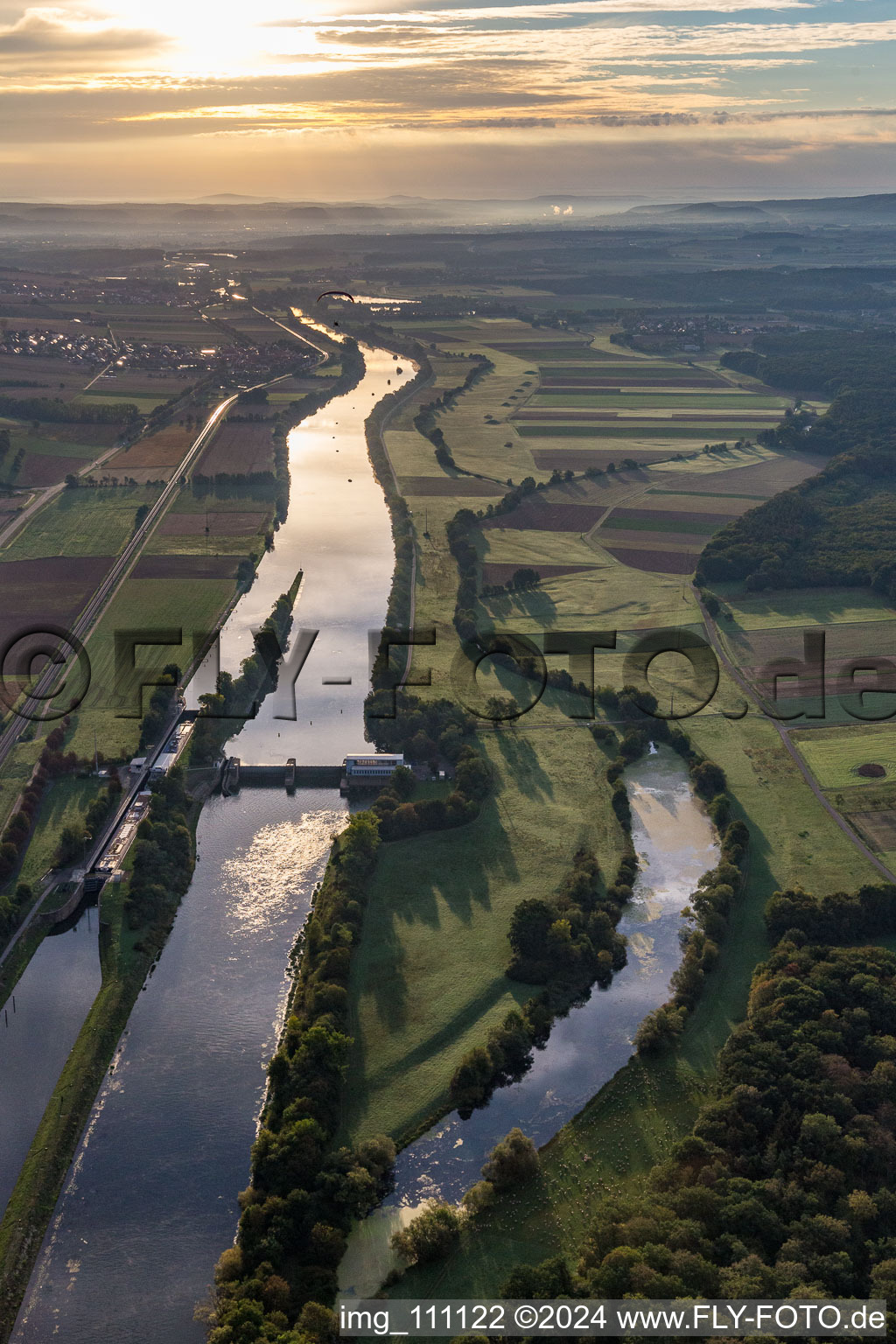 Aerial view of Sluice in the district Ottendorf in Gädheim in the state Bavaria, Germany