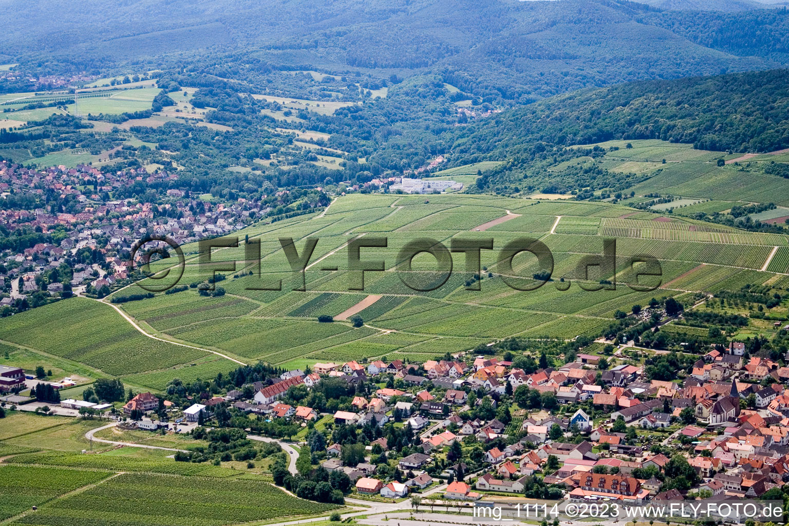 Aerial view of Silence, sunny mountain in the district Rechtenbach in Schweigen-Rechtenbach in the state Rhineland-Palatinate, Germany