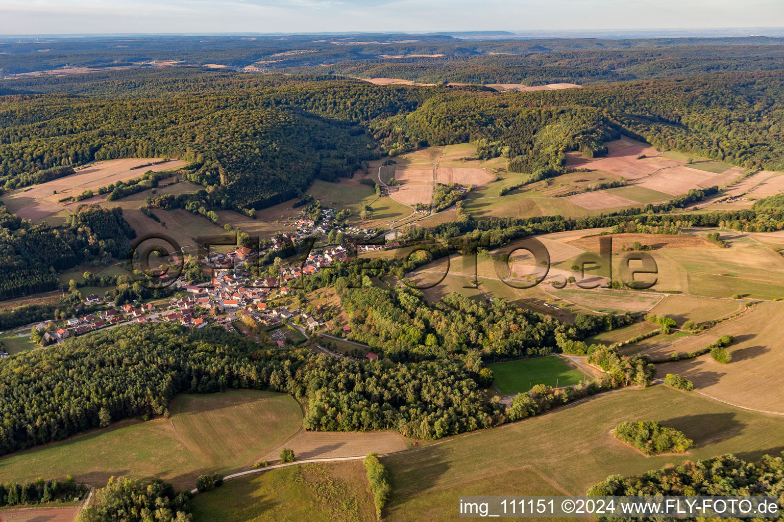 Aerial view of Neuchleichach in the district Neuschleichach in Oberaurach in the state Bavaria, Germany