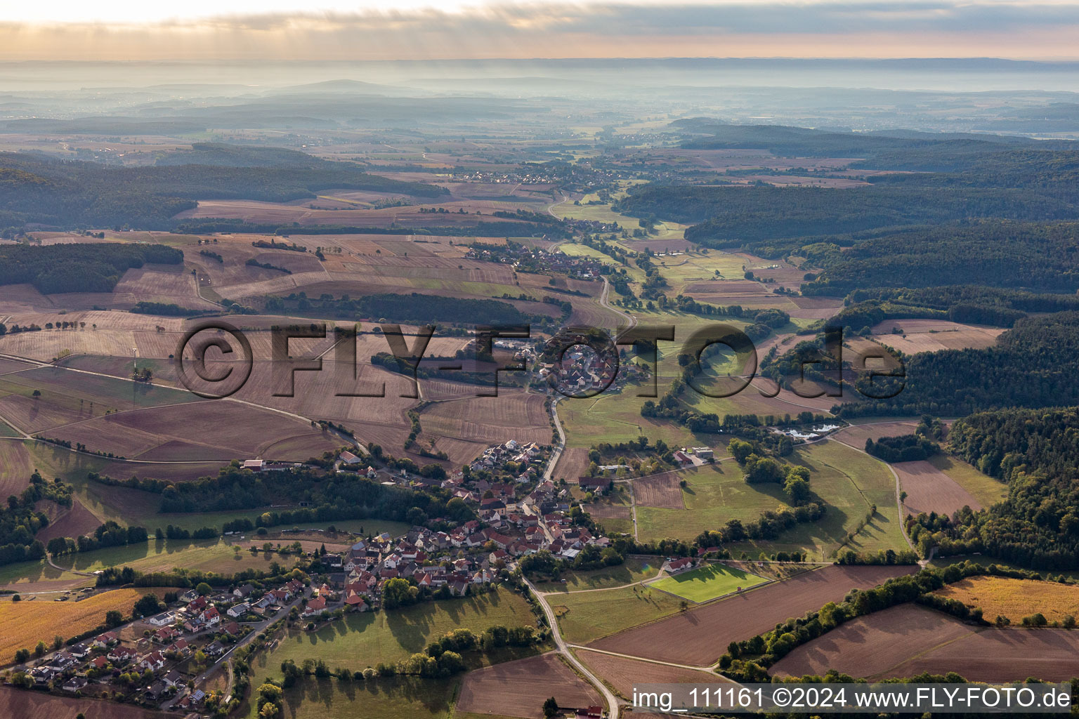 Aerial view of Valley of the Rauen Ebrach in the district Prölsdorf in Rauhenebrach in the state Bavaria, Germany