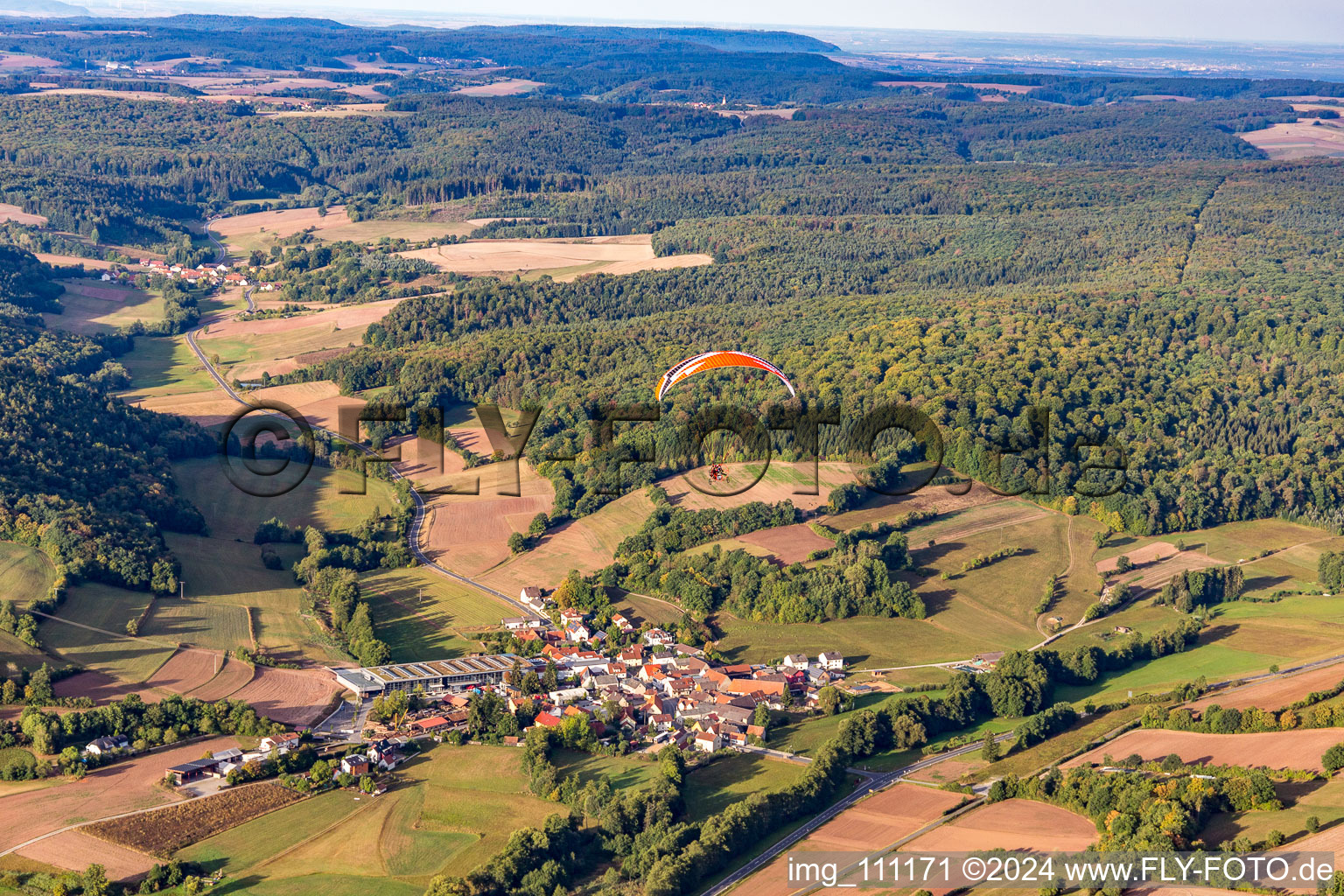 Aerial view of District Untersteinach in Burgwindheim in the state Bavaria, Germany