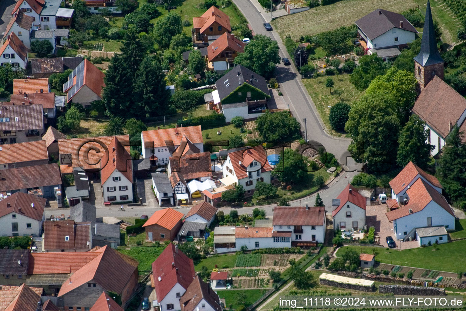 District Rechtenbach in Schweigen-Rechtenbach in the state Rhineland-Palatinate, Germany from a drone