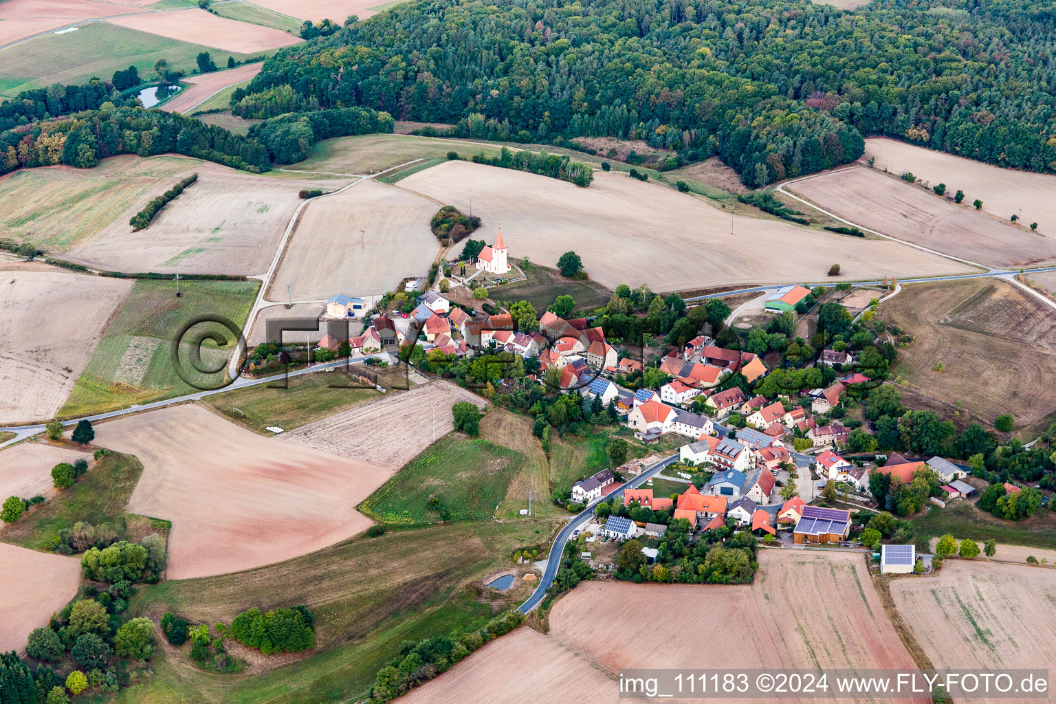 Aerial view of District Großbirkach in Ebrach in the state Bavaria, Germany