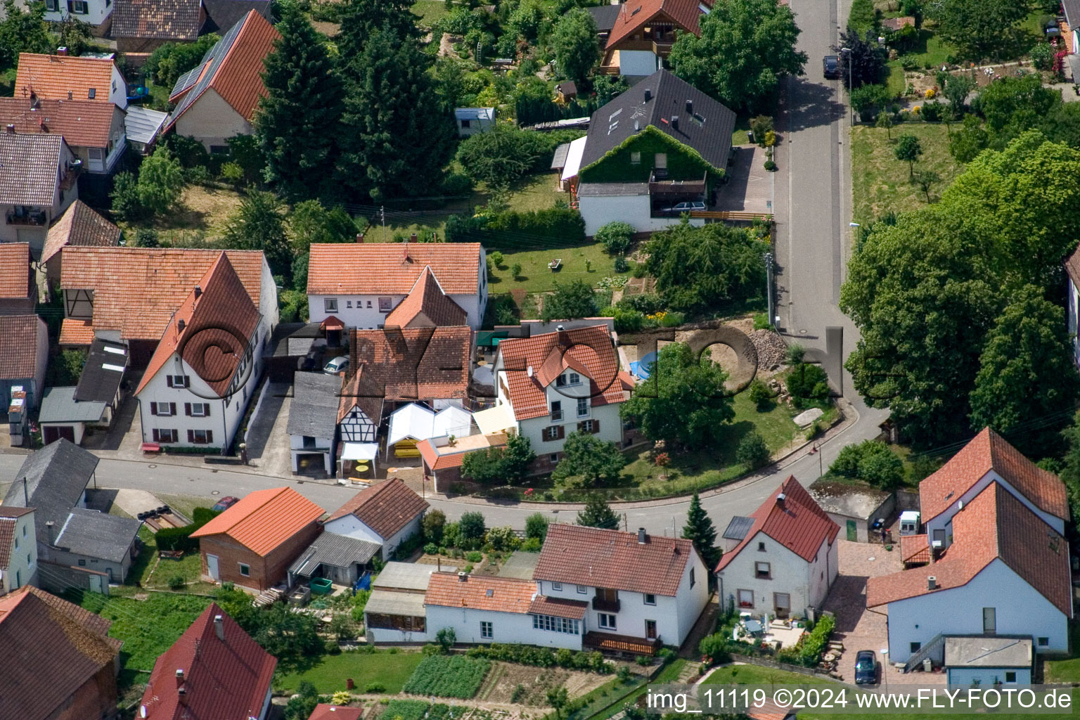 District Rechtenbach in Schweigen-Rechtenbach in the state Rhineland-Palatinate, Germany seen from a drone