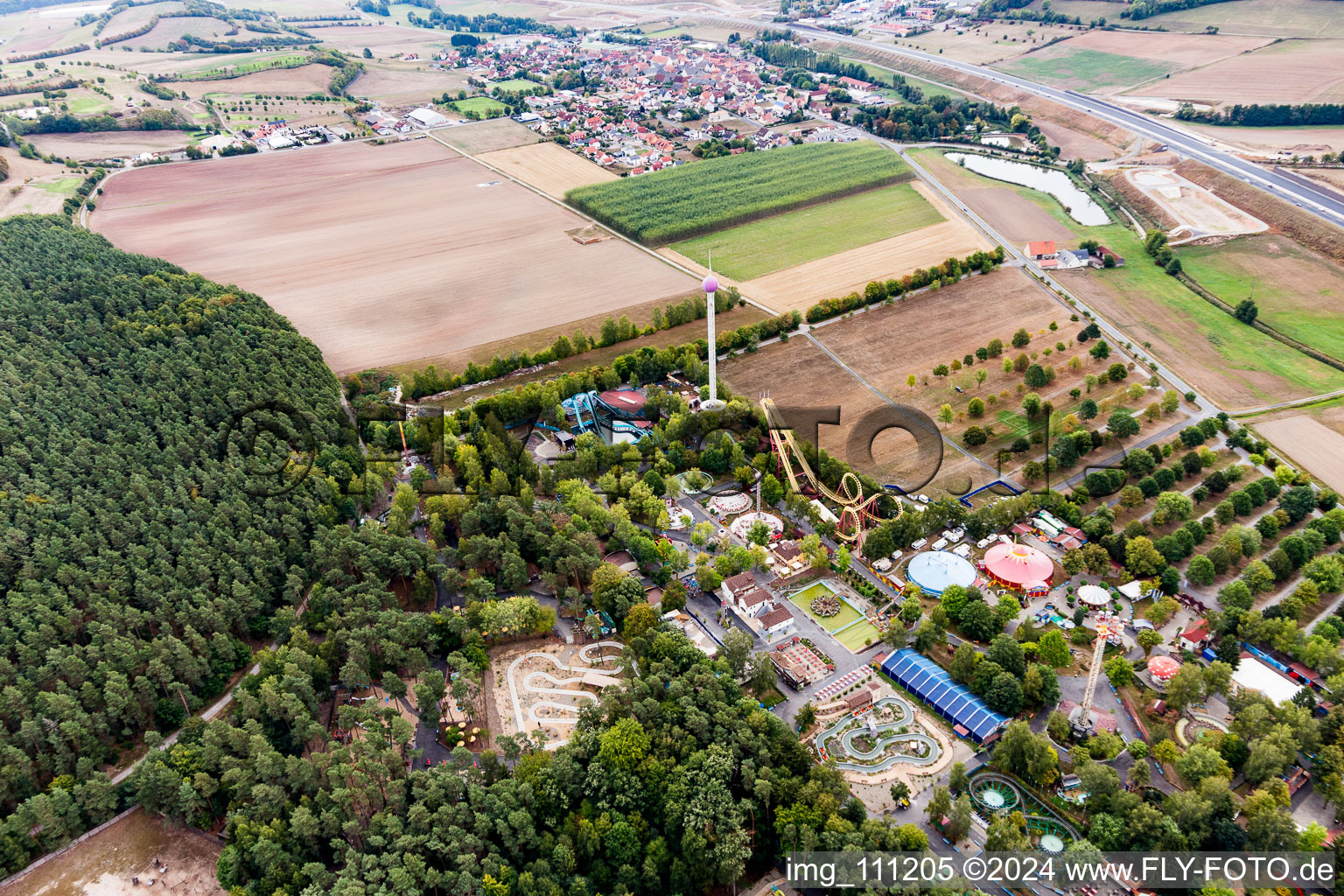 Aerial view of Leisure Centre - Amusement Park Freizeit-Land Geiselwind in Geiselwind in the state Bavaria, Germany