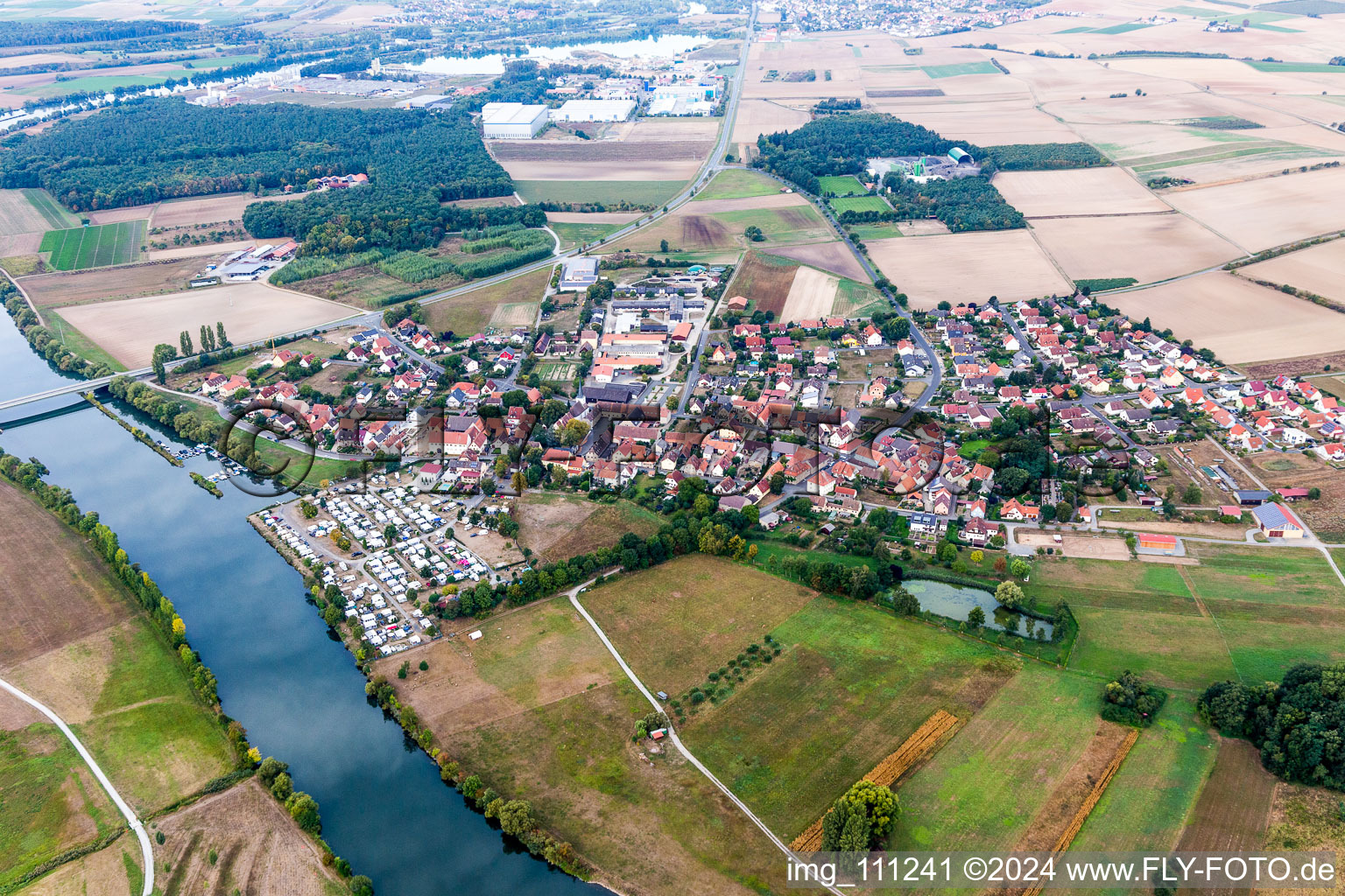 Village on the banks of the river course of the Main in Schwarzach am Main in the state Bavaria, Germany