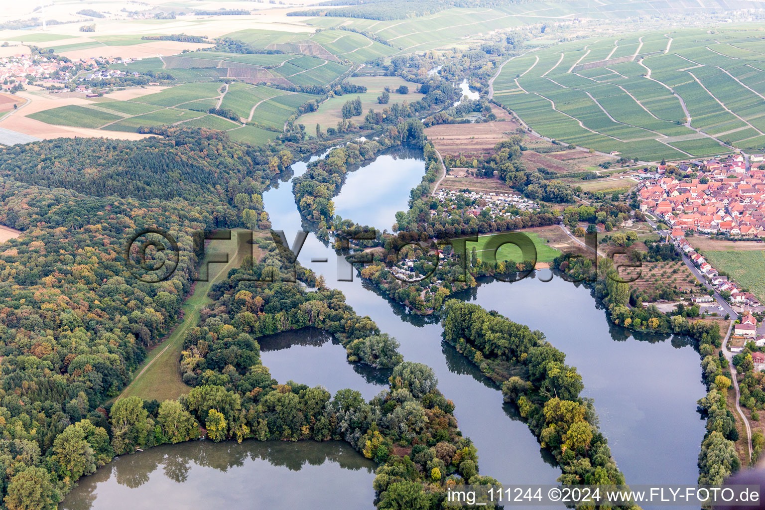 Aerial view of Mainauen in Sommerach in the state Bavaria, Germany