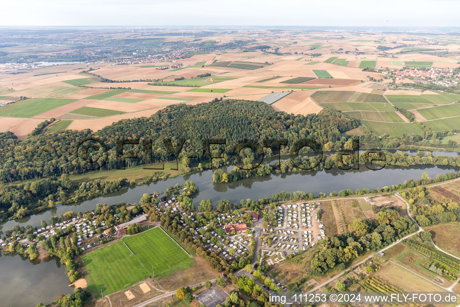 Camping Katzenkopf at the Main river with caravans and tents in Sommerach in the state Bavaria, Germany