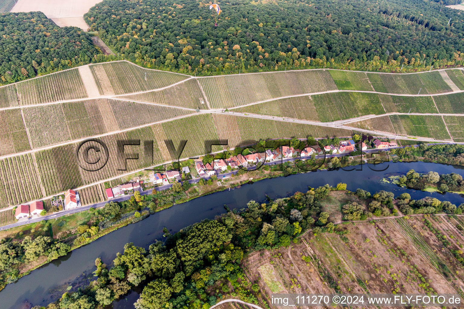 Aerial view of Village on the river bank areas of the Main river in Koehler in the state Bavaria, Germany