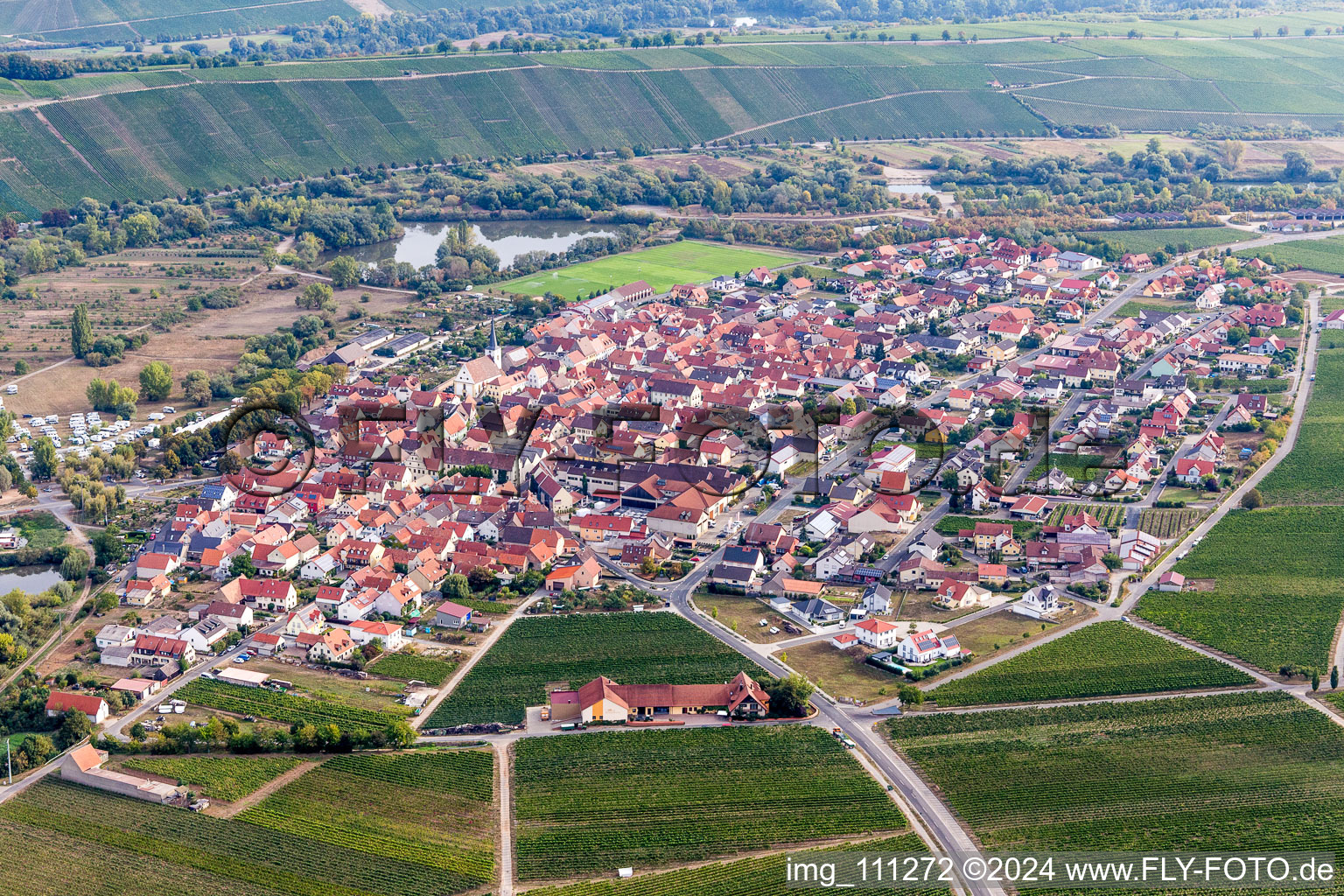 Town on the banks of the river in Nordheim am Main in the state Bavaria, Germany