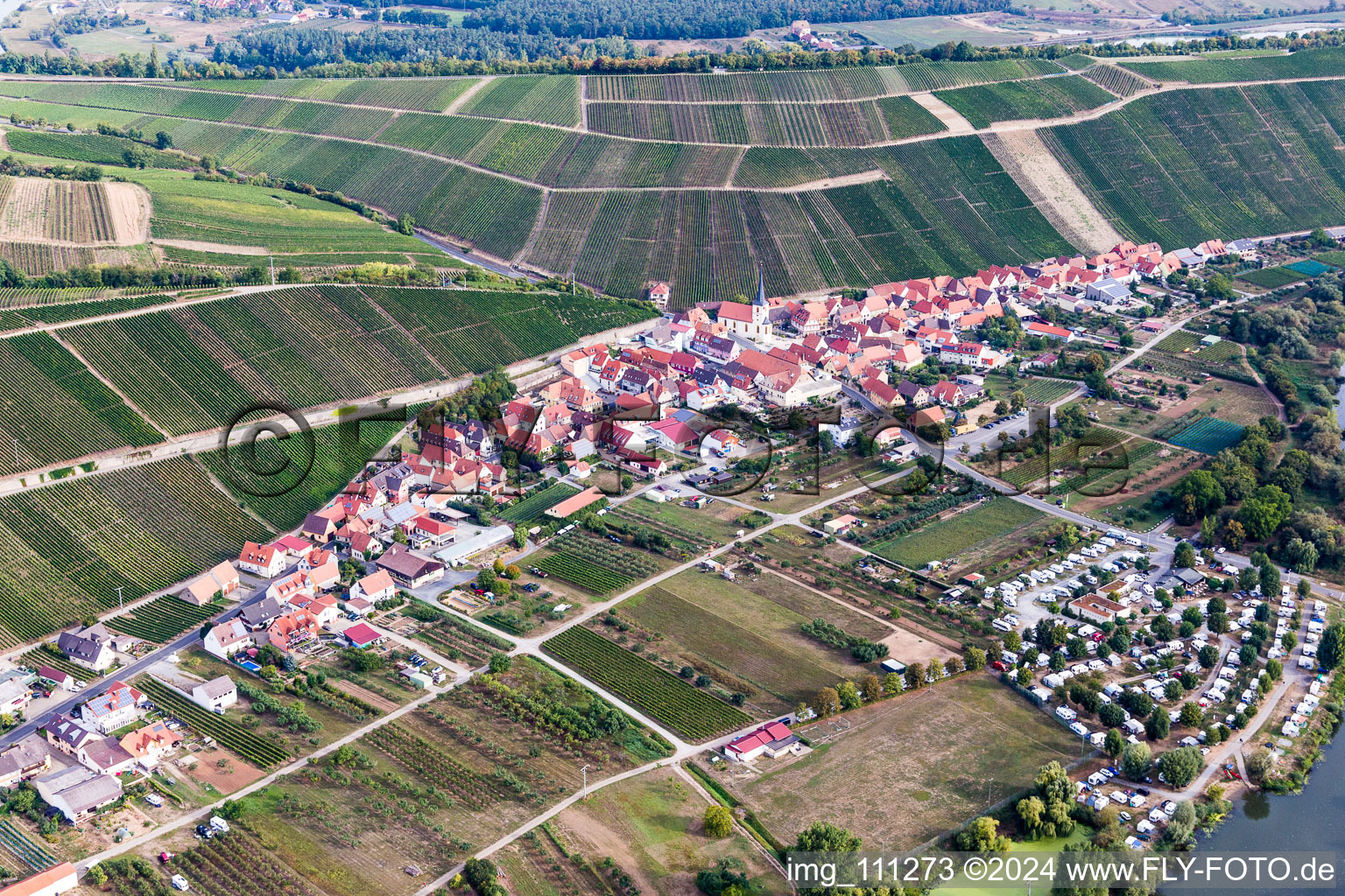 Oblique view of District Escherndorf in Volkach in the state Bavaria, Germany