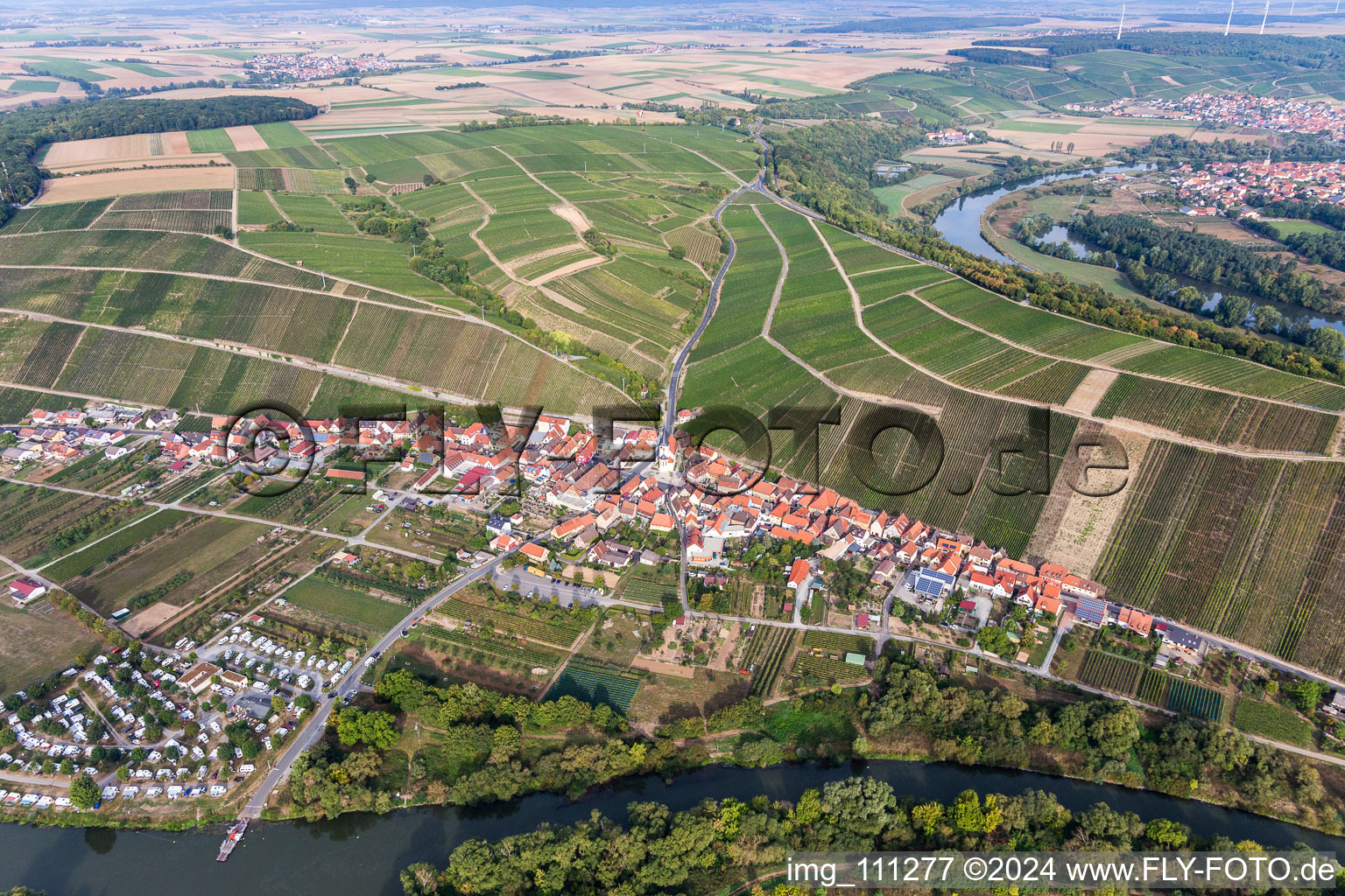 Aerial view of On the Main loop in Nordheim in Escherndorf in the state Bavaria, Germany