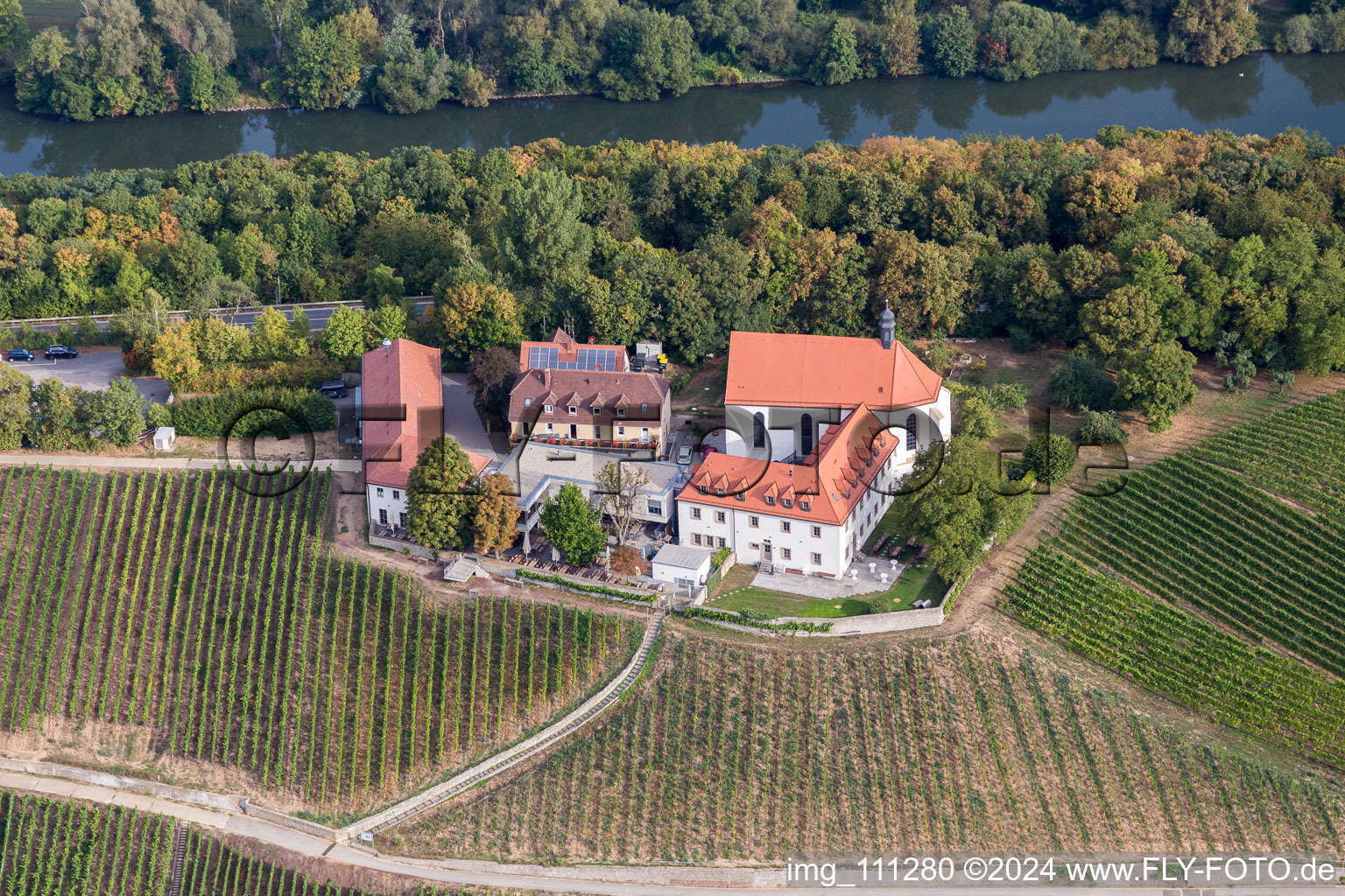 Aerial view of Open-air restaurant Gasthaus Mainaussicht "Gifthuette" in the district Escherndorf in Volkach in the state Bavaria, Germany