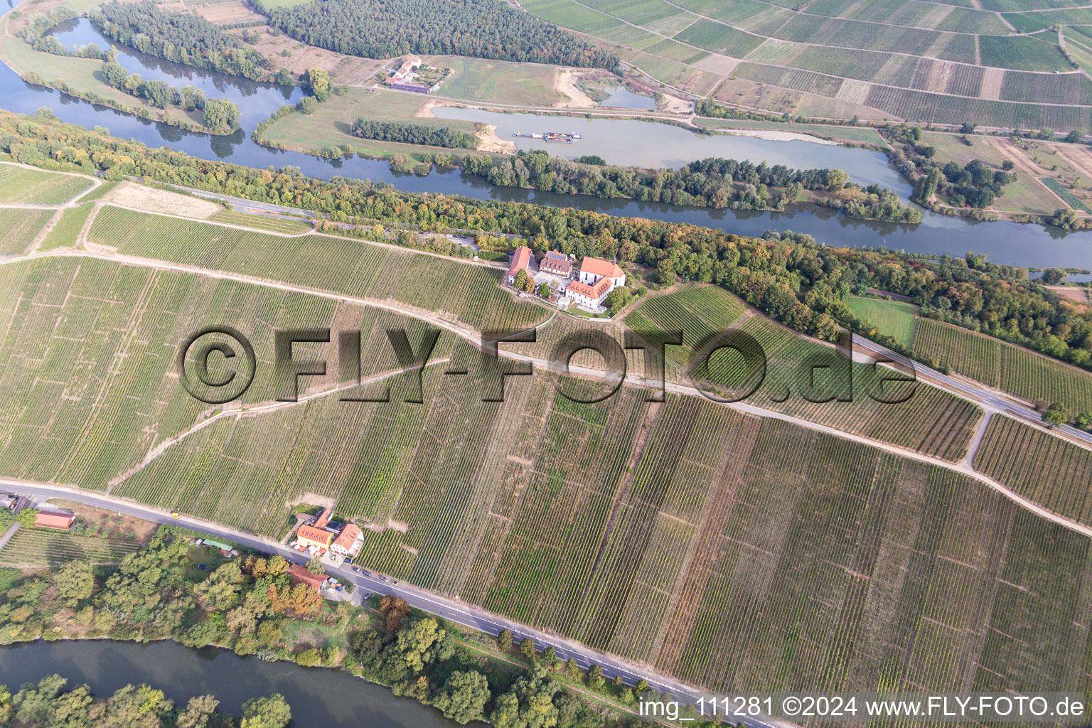 Aerial photograpy of Open-air restaurant Gasthaus Mainaussicht "Gifthuette" in the district Escherndorf in Volkach in the state Bavaria, Germany