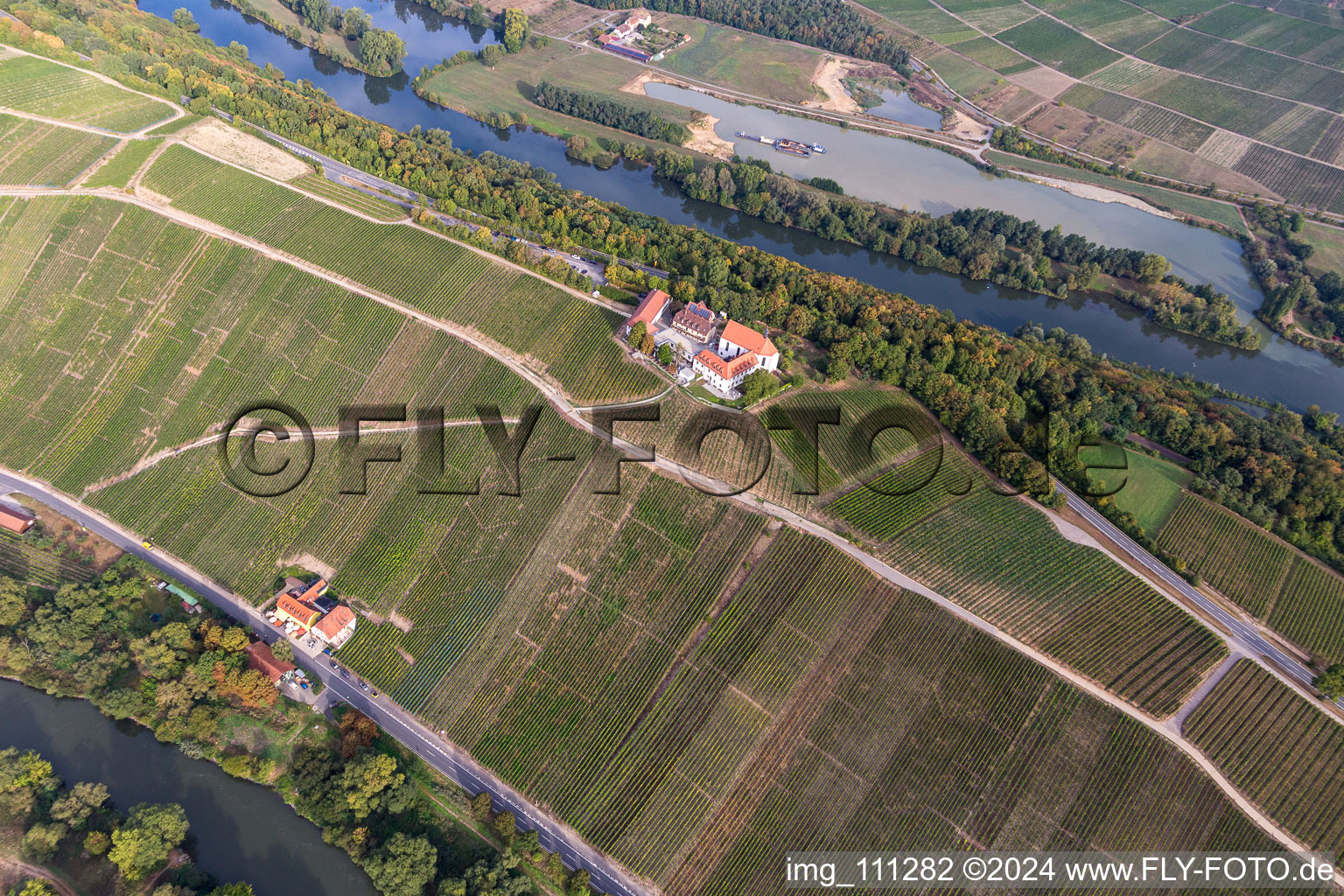 Aerial view of Vogelsburg and Mariä Schutz in the district Escherndorf in Volkach in the state Bavaria, Germany