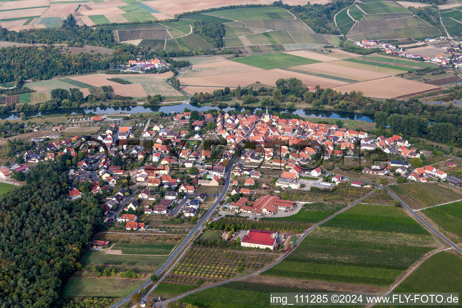 Aerial view of From the east in the district Fahr in Volkach in the state Bavaria, Germany