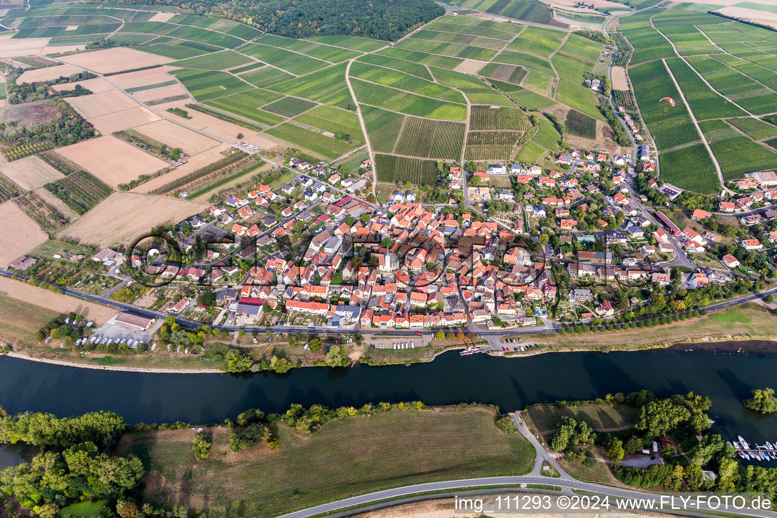 Aerial view of City view on the river bank of the Main river in Obereisenheim in the state Bavaria, Germany