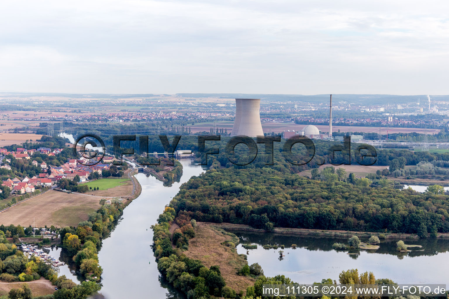 Aerial view of Nuclear power plant in Grafenrheinfeld in the state Bavaria, Germany