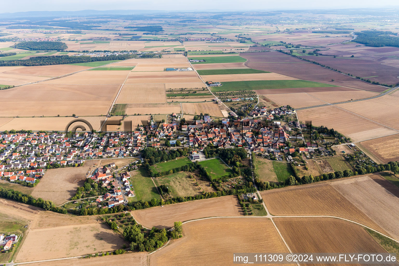 Aerial view of Ettleben in the state Bavaria, Germany