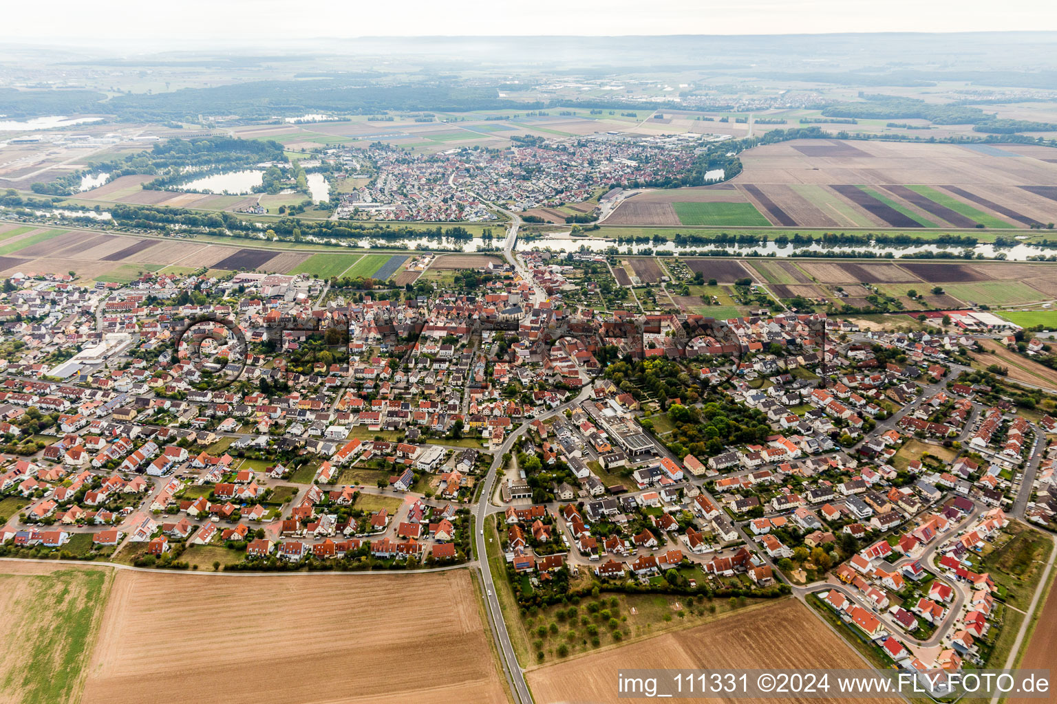 Town on the banks of the river of the Main river in Bergrheinfeld in the state Bavaria, Germany