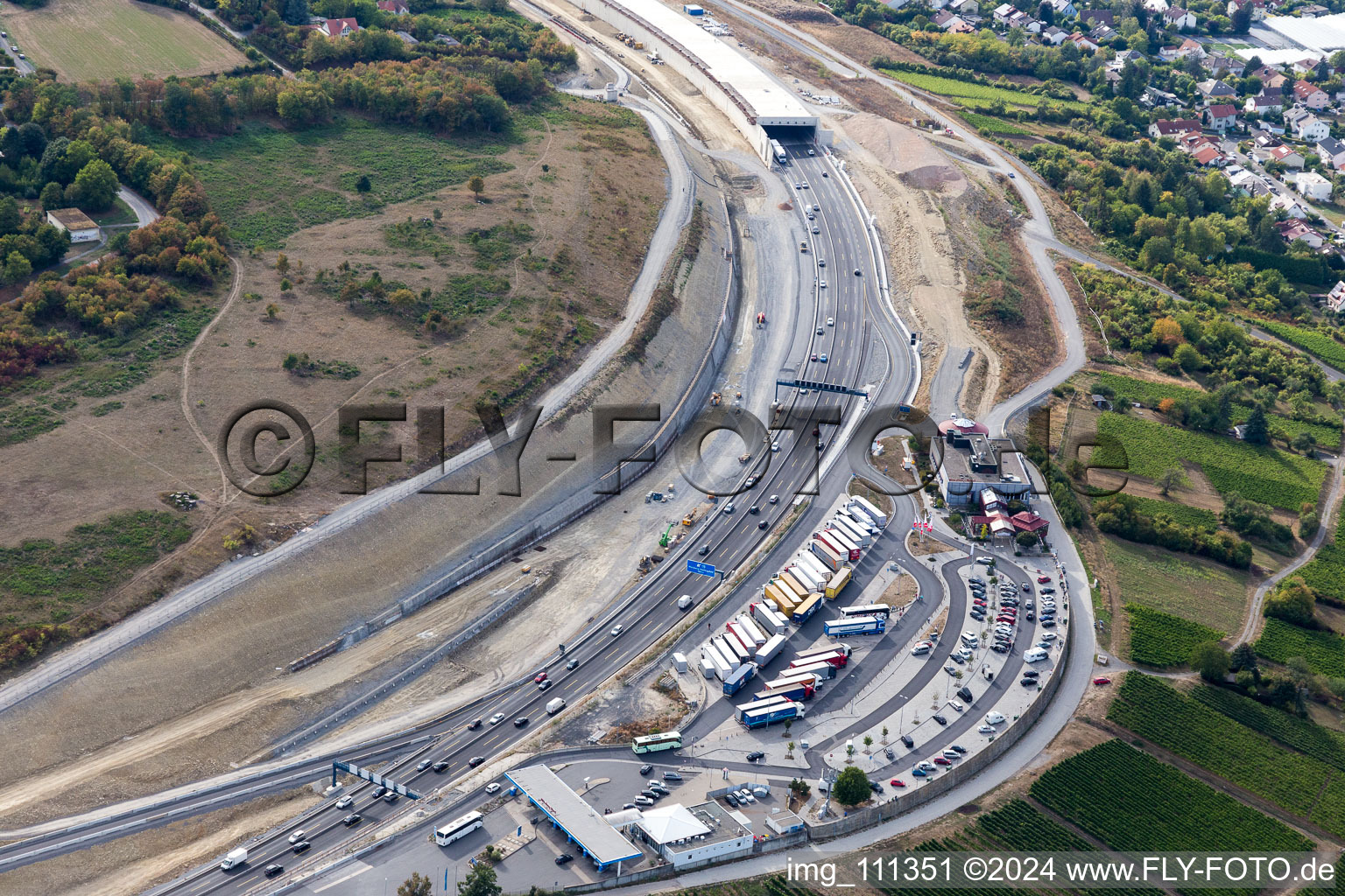 Aerial view of New construction of the route in the course of the motorway tunnel construction of the BAB A 3 in the district Heidingsfeld in Wuerzburg in the state Bavaria, Germany