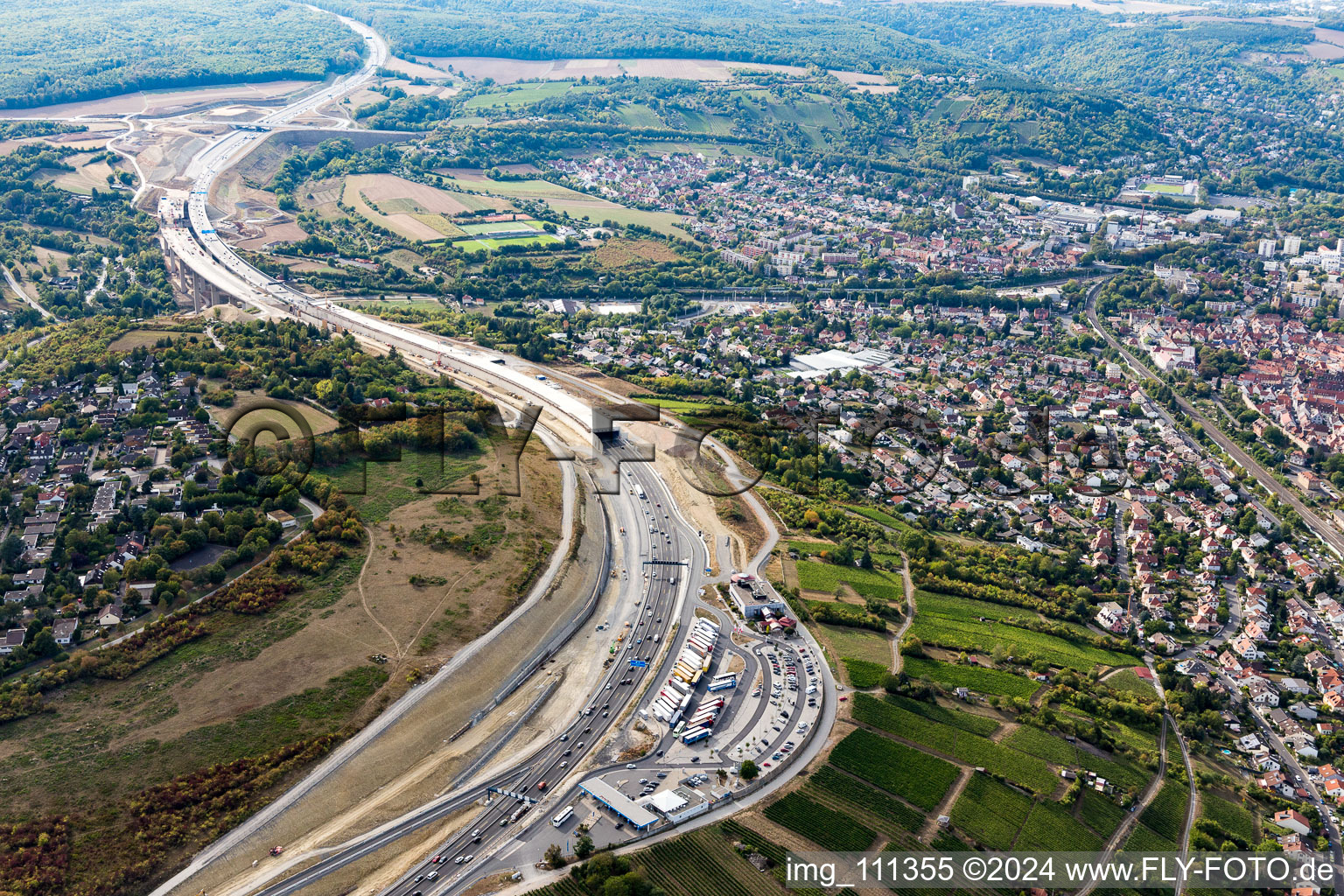 Aerial photograpy of New construction of the route in the course of the motorway tunnel construction of the BAB A 3 in the district Heidingsfeld in Wuerzburg in the state Bavaria, Germany