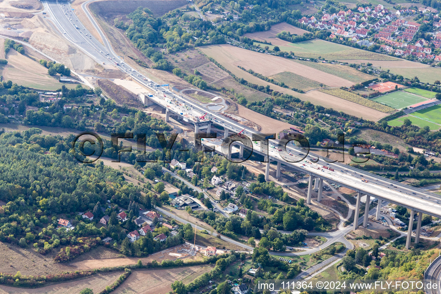 Aerial view of Construction site A3 in Würzburg in the state Bavaria, Germany