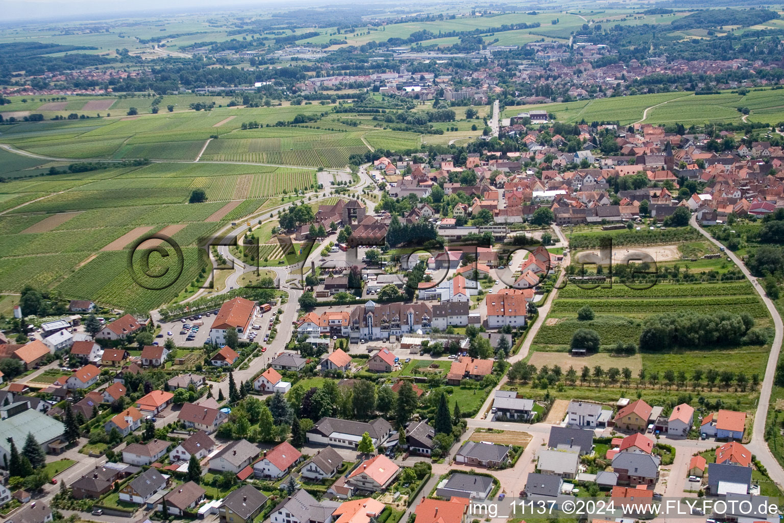 Aerial view of Wine Gate from the north in the district Rechtenbach in Schweigen-Rechtenbach in the state Rhineland-Palatinate, Germany