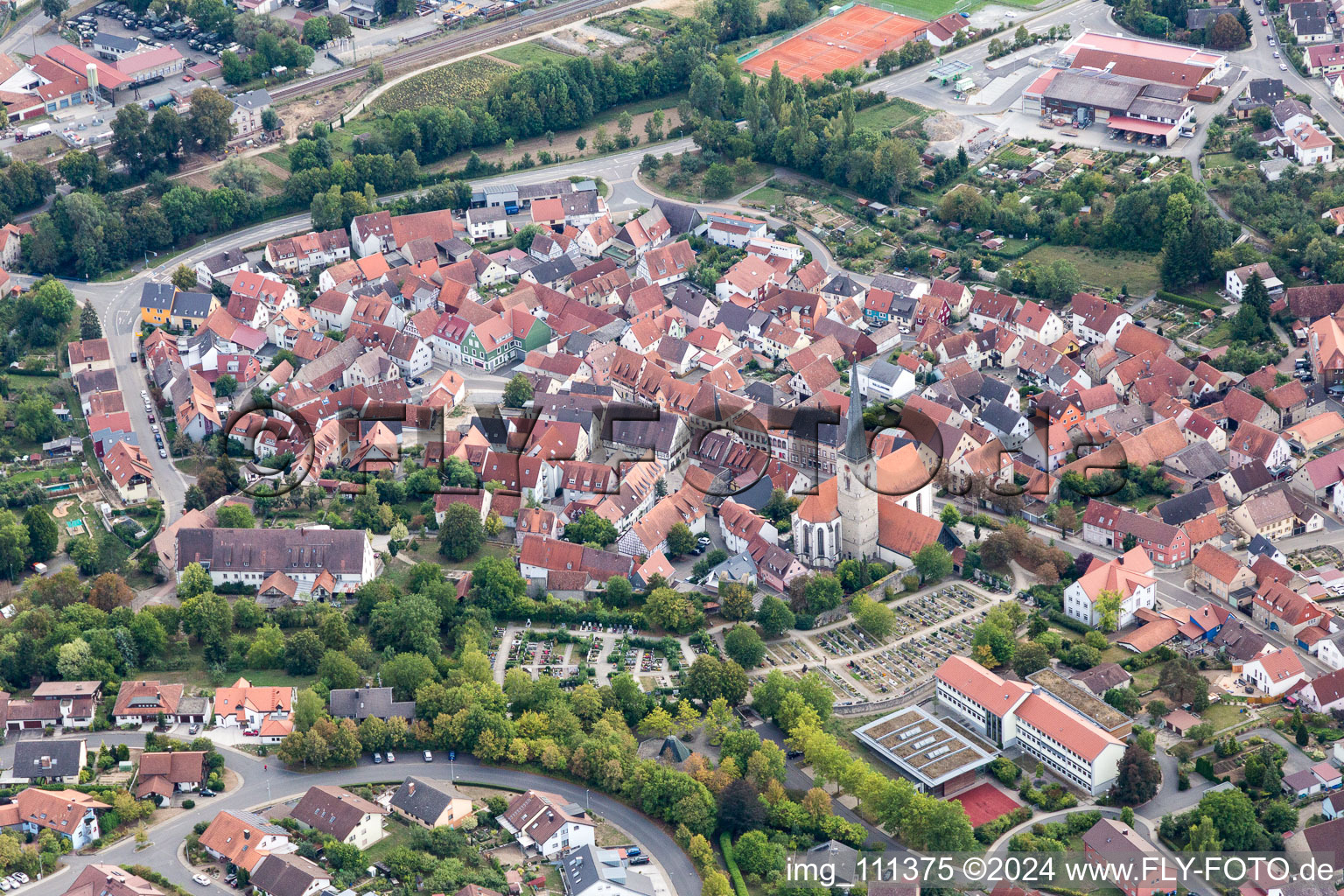 Aerial view of Grünsfeld in the state Baden-Wuerttemberg, Germany