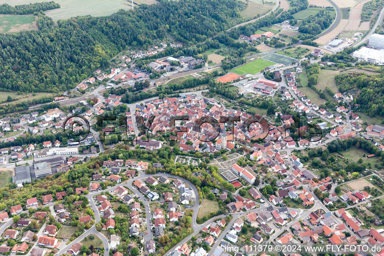 Grünsfeld in the state Baden-Wuerttemberg, Germany from above