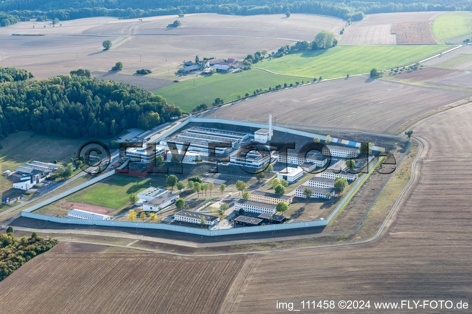 Aerial view of Correctional facility, better up here than down there in Adelsheim in the state Baden-Wuerttemberg, Germany