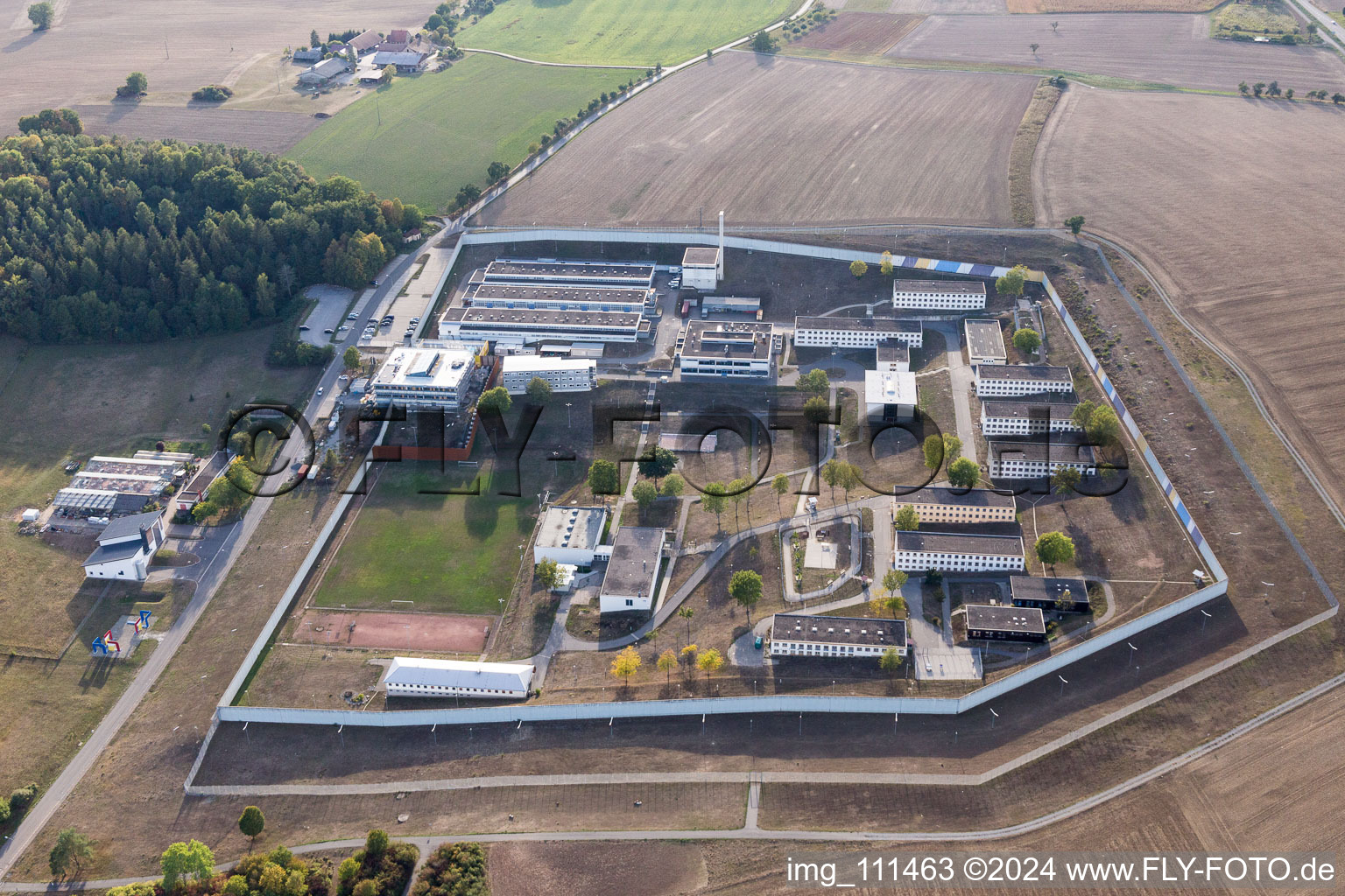 Prison grounds and high security fence Prison Adelsheim in Adelsheim in the state Baden-Wurttemberg, Germany
