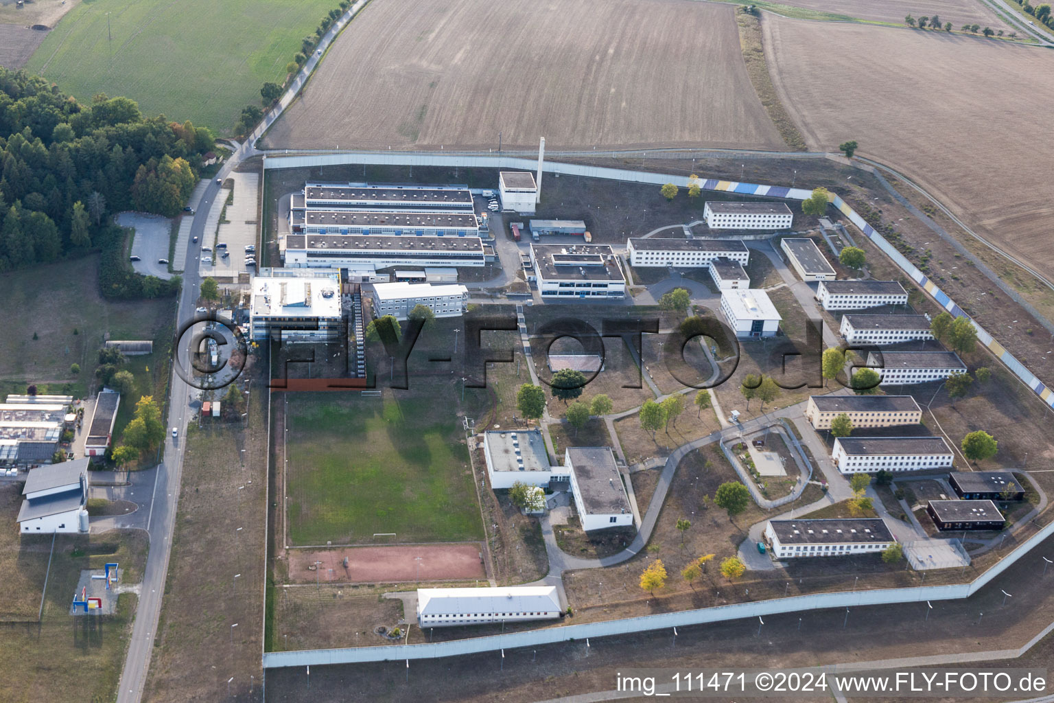 Aerial view of Prison grounds and high security fence Prison Adelsheim in Adelsheim in the state Baden-Wurttemberg, Germany