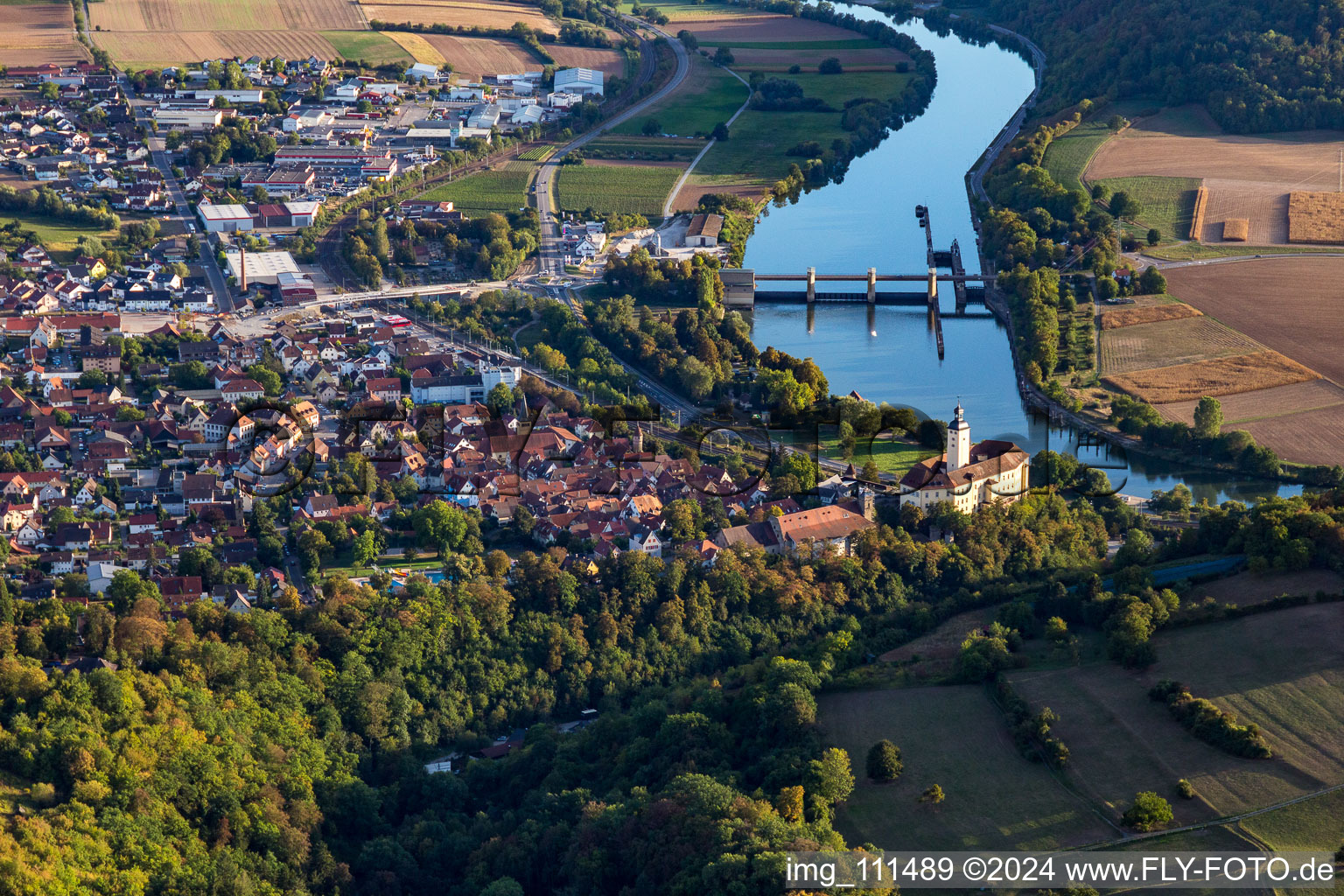 Village on the river bank areas of the river Neckar in Gundelsheim in the state Baden-Wurttemberg, Germany