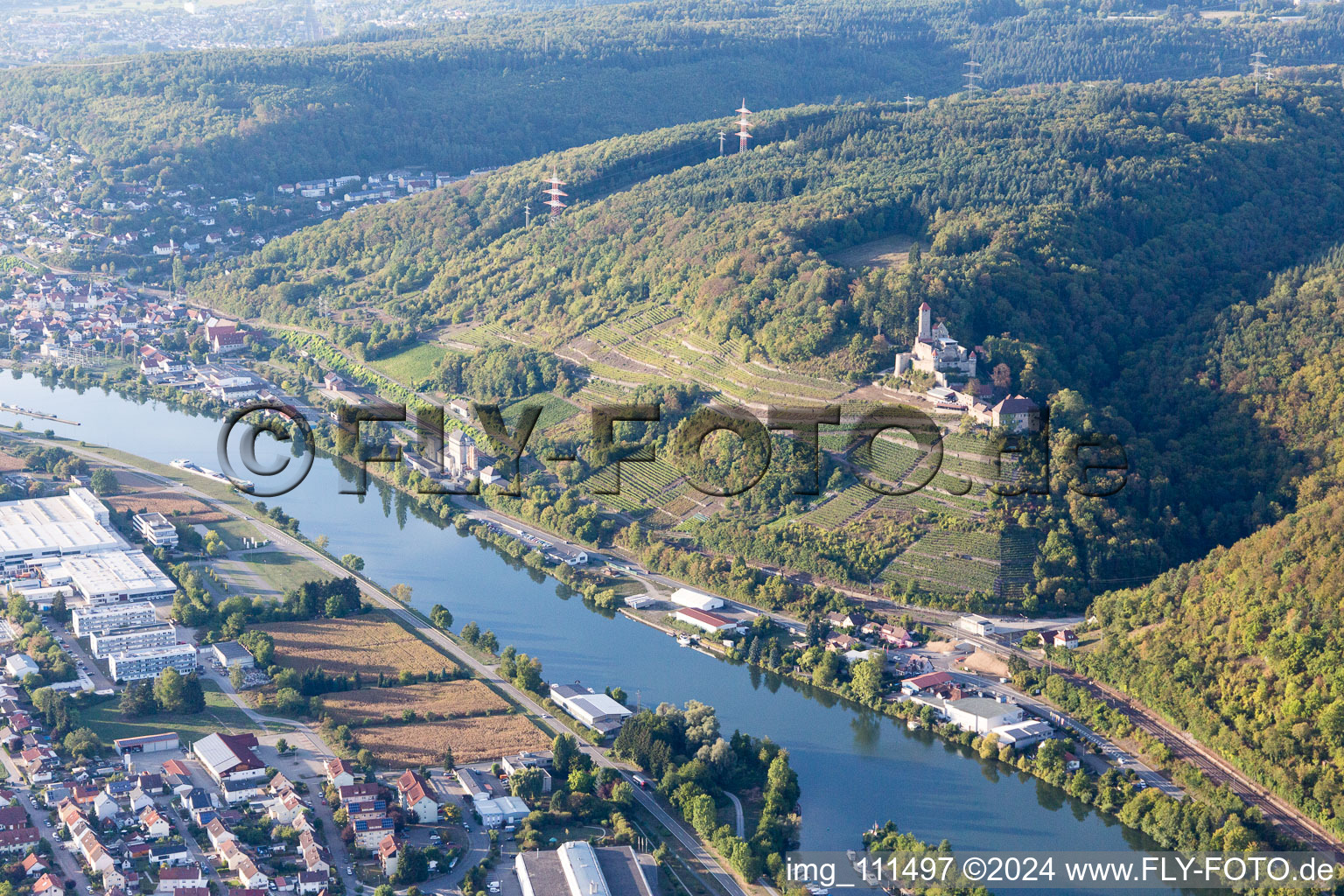 Aerial view of Hornberg Castle in Neckarzimmern in the state Baden-Wuerttemberg, Germany