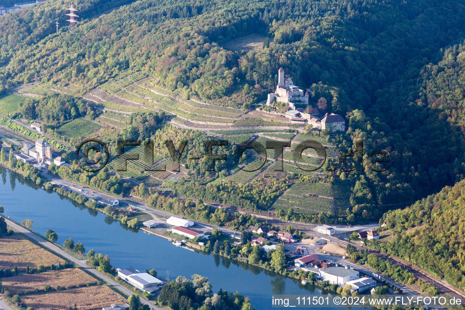 Hornberg Castle in Neckarzimmern in the state Baden-Wuerttemberg, Germany from above