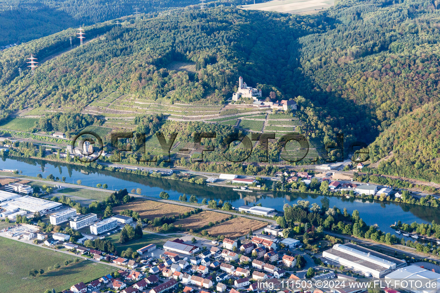 Hornberg Castle in Neckarzimmern in the state Baden-Wuerttemberg, Germany seen from above